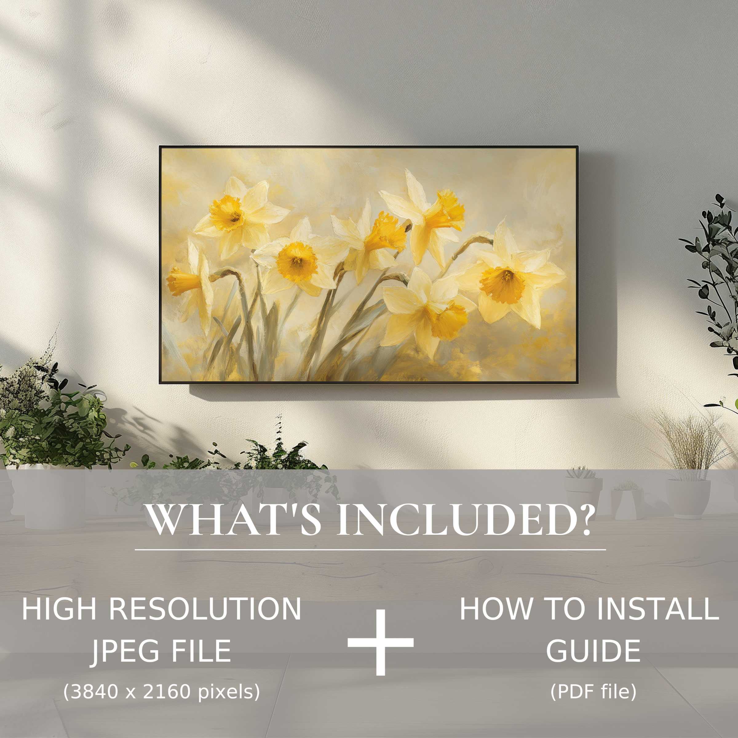 Elegant spring digital TV art download with daffodil design, easy to use, enhancing any modern living space