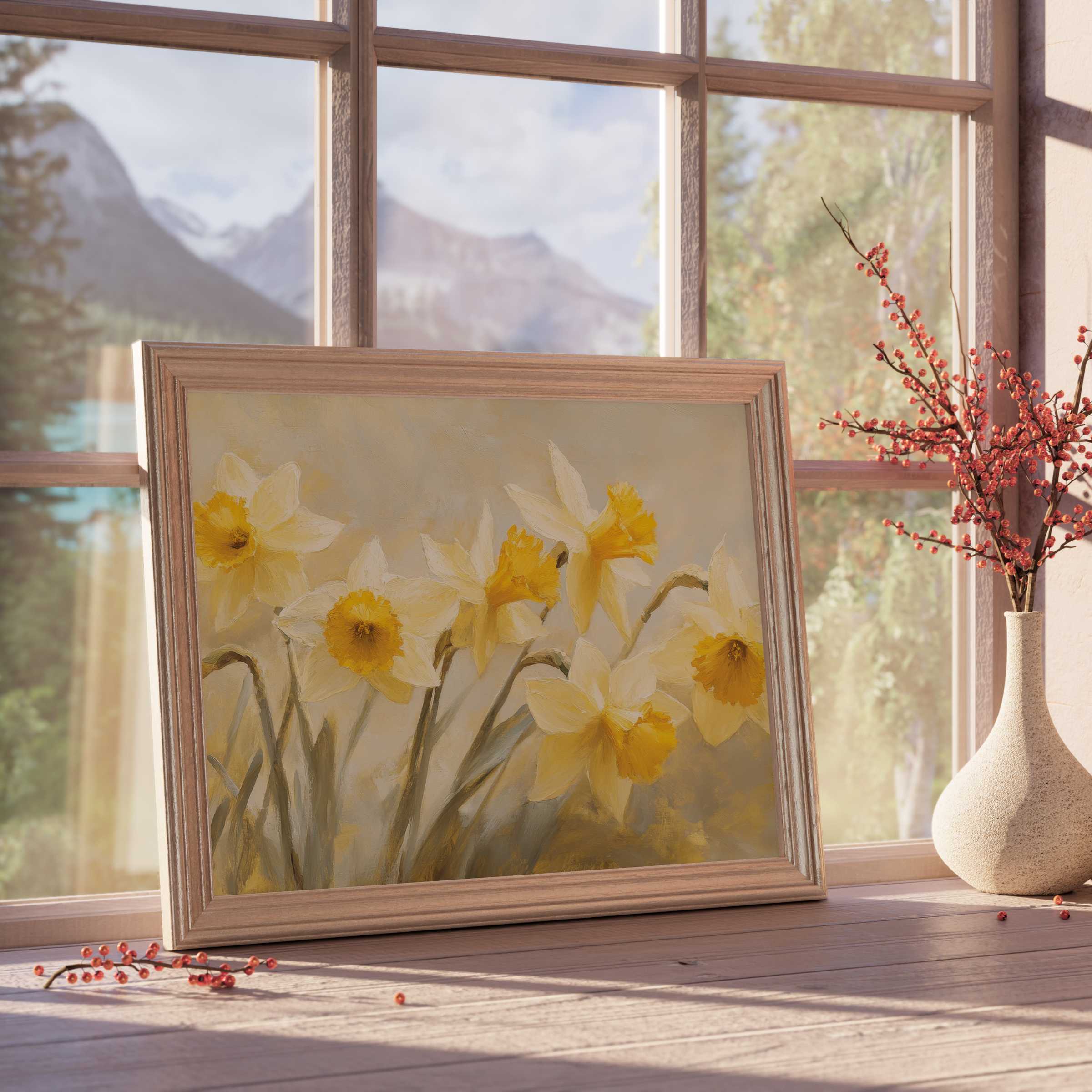 Spring downloadable art of radiant daffodils in soft sunlight, elevating serene, curated interiors with vibrant floral elegance