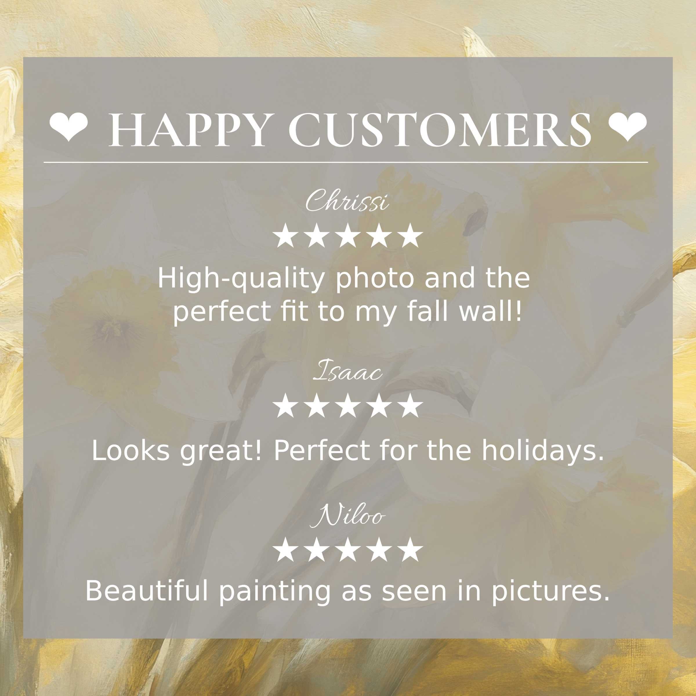 spring art for Frame TV with elegant daffodil background, highlighting happy customer praise and refined decor appeal