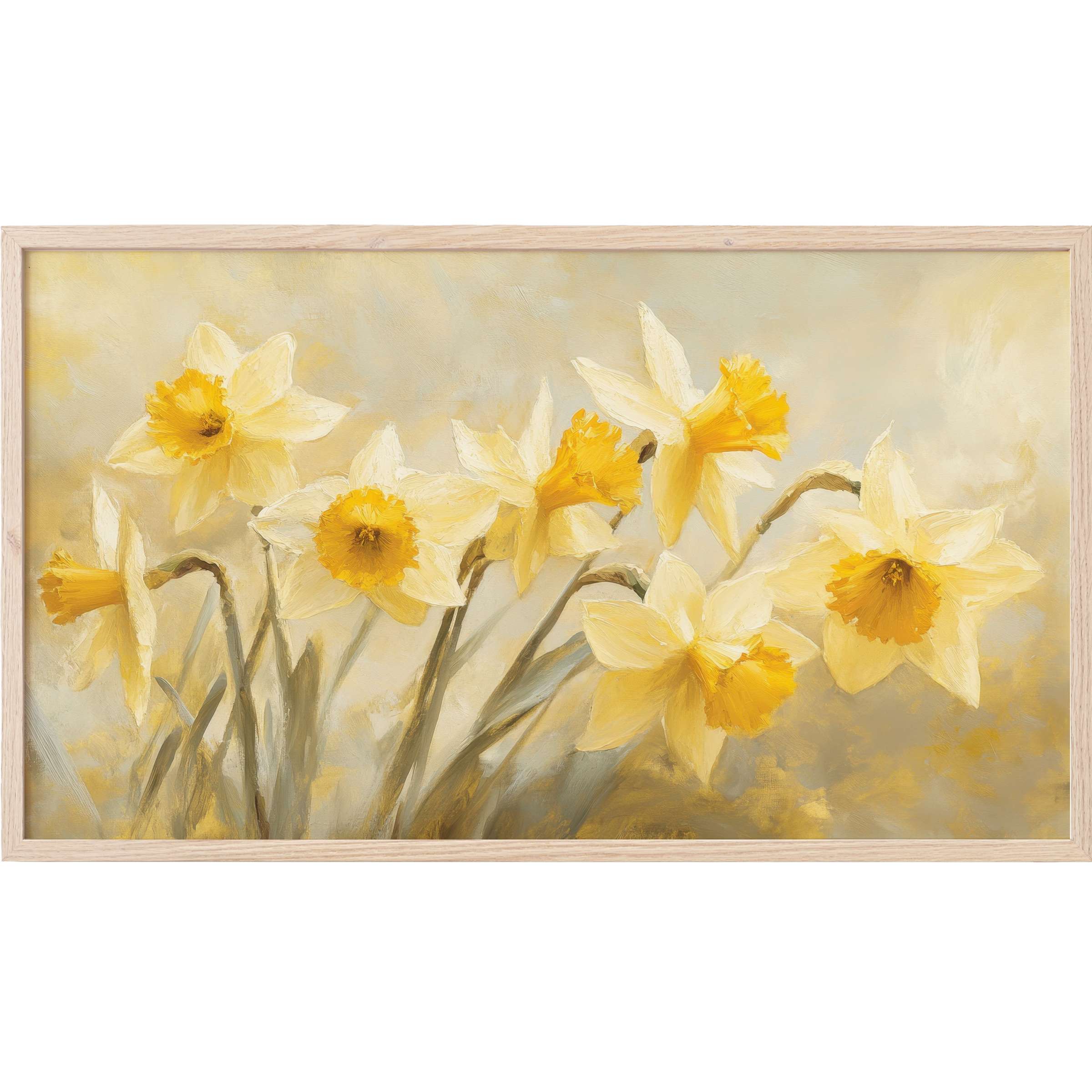 Elegant spring Frame TV Art featuring soft yellow daffodils in a muted, impressionistic style with warm tones