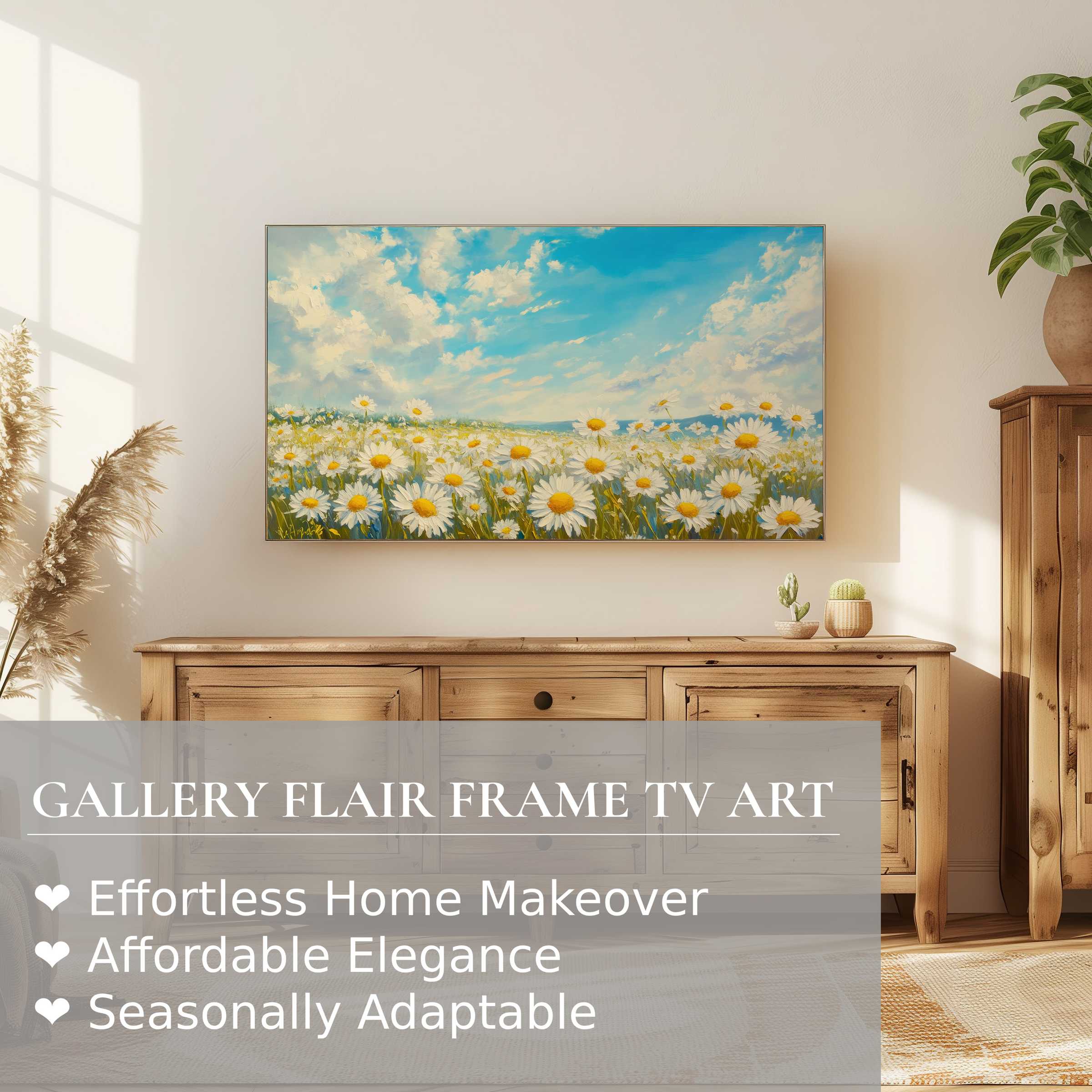 Samsung Frame TV showcasing vibrant floral digital artwork in a sunlit, modern rustic living room setting
