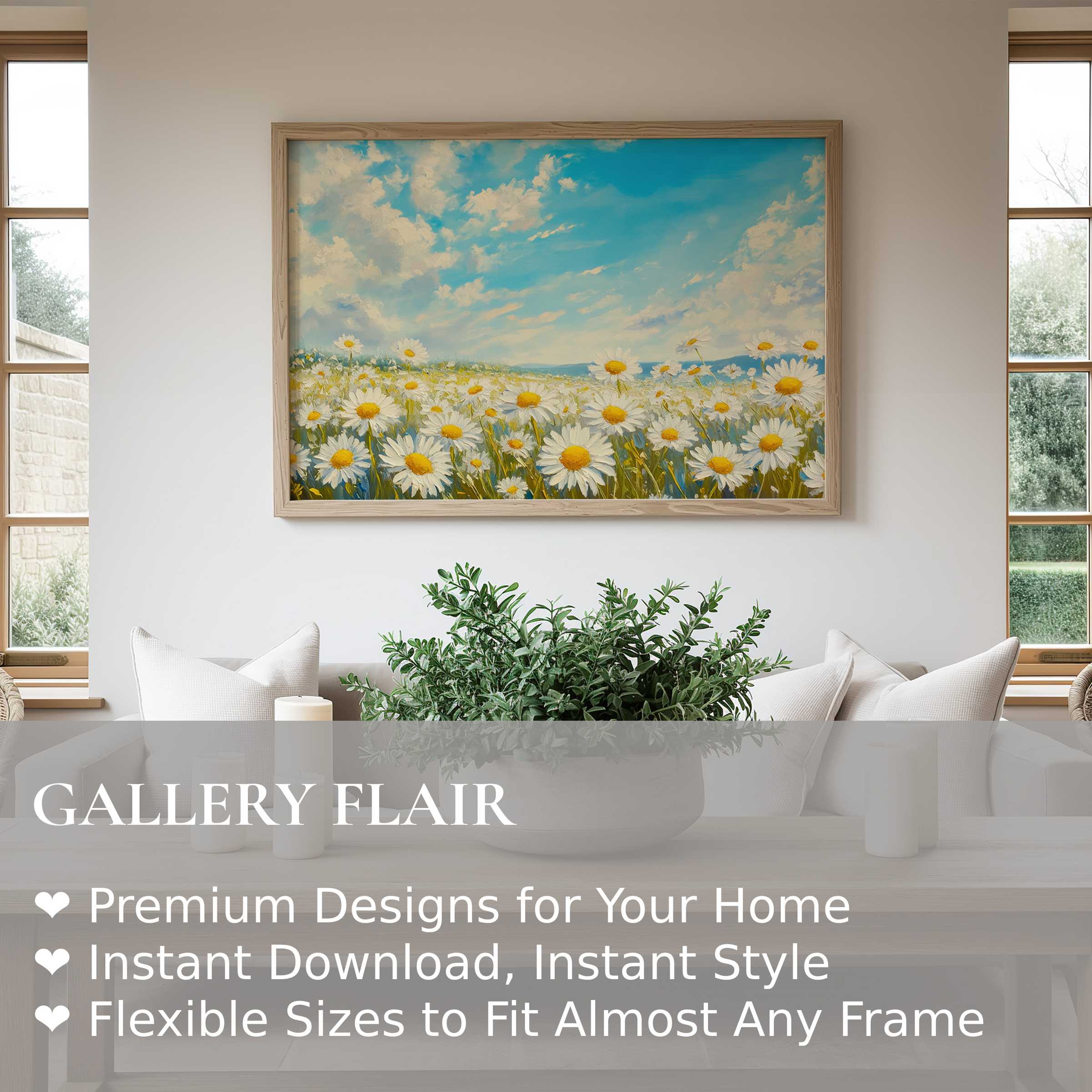 Radiant floral wall art print of daisies under a soft blue sky, enhancing modern farmhouse interiors with calming, nature-inspired charm