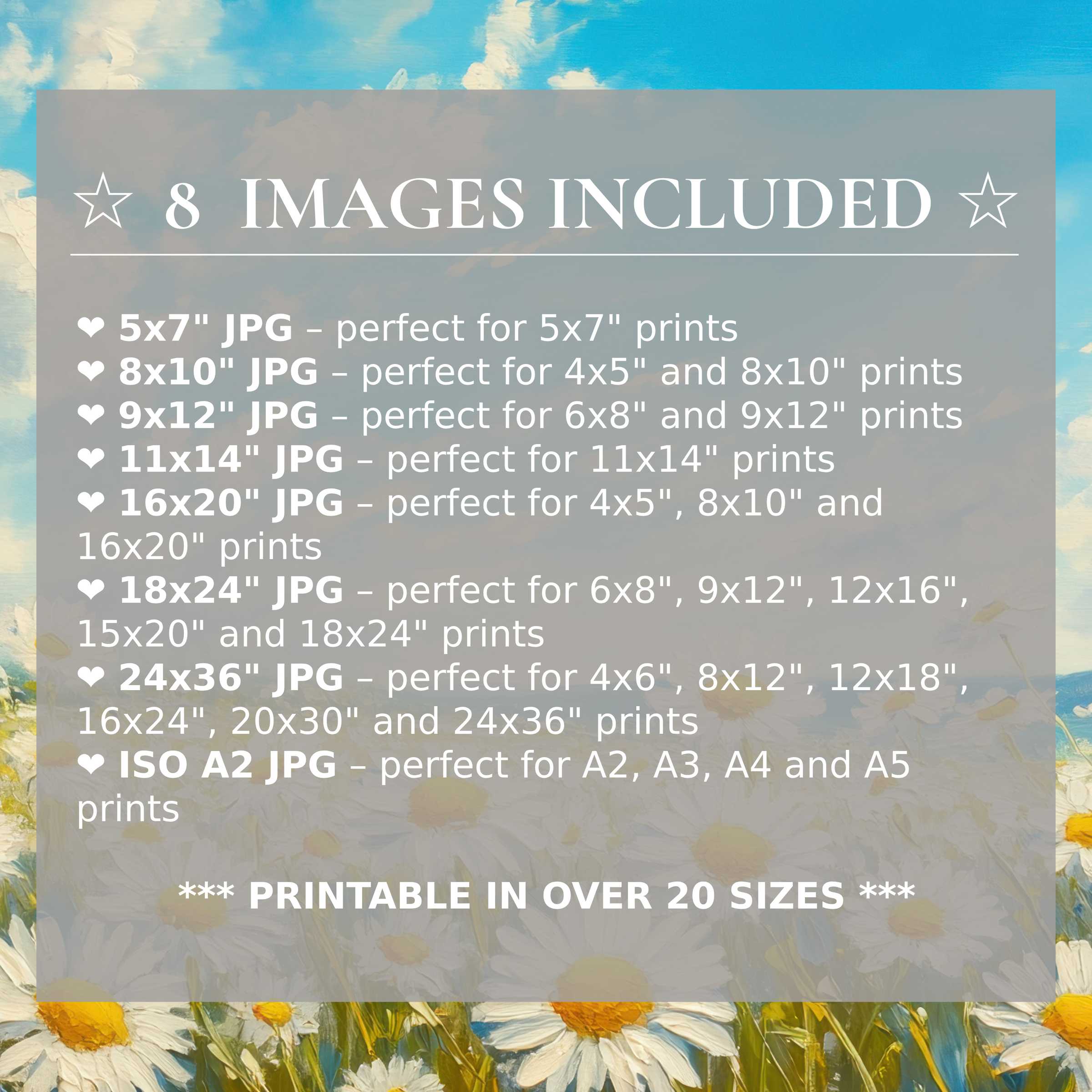Radiant floral digital print with calming white and yellow blooms against blue skies, offered in 8 high-quality sizes for versatile modern decor