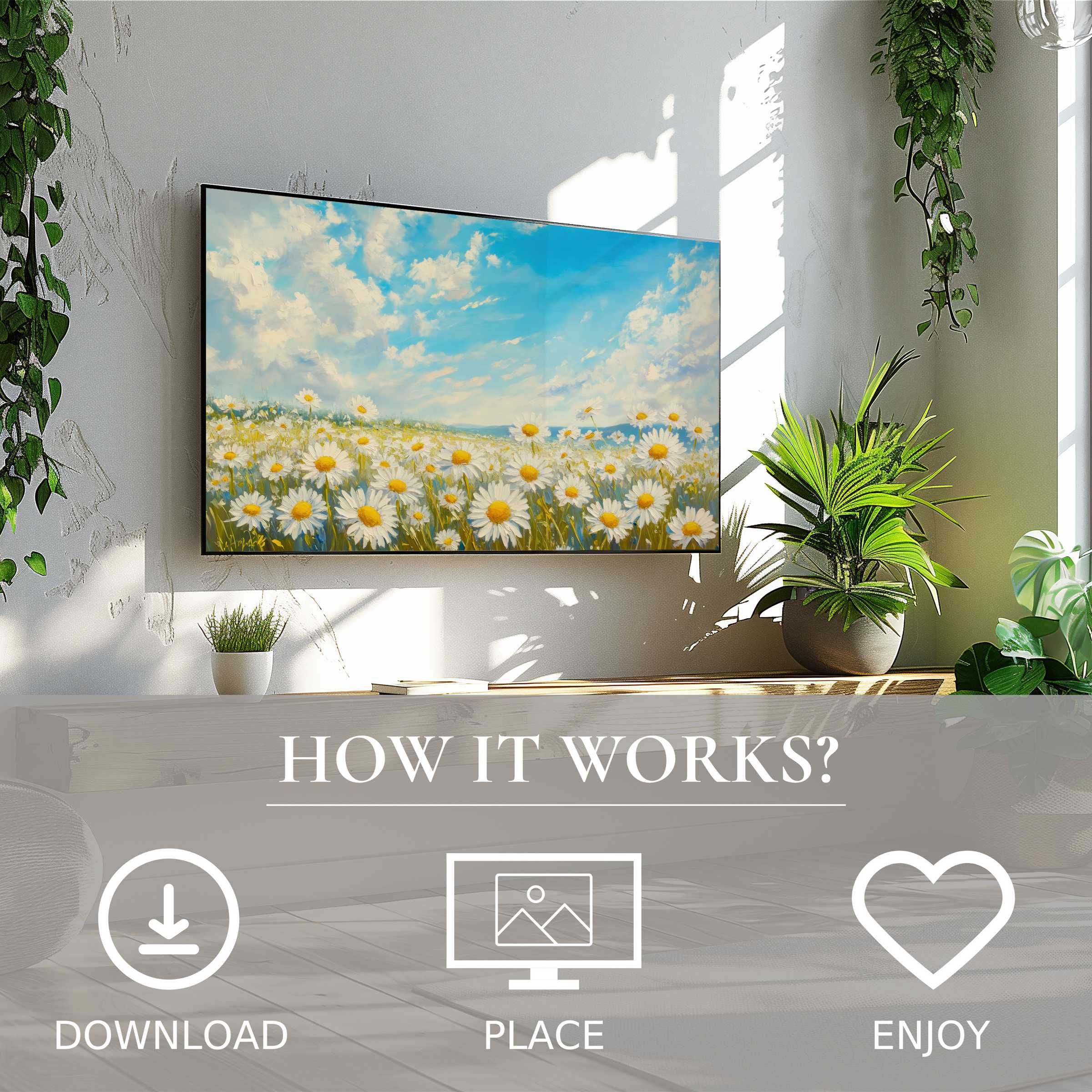 Floral art for Samsung TV with digital download, bright daisies and blue sky add warmth and ease to modern living spaces