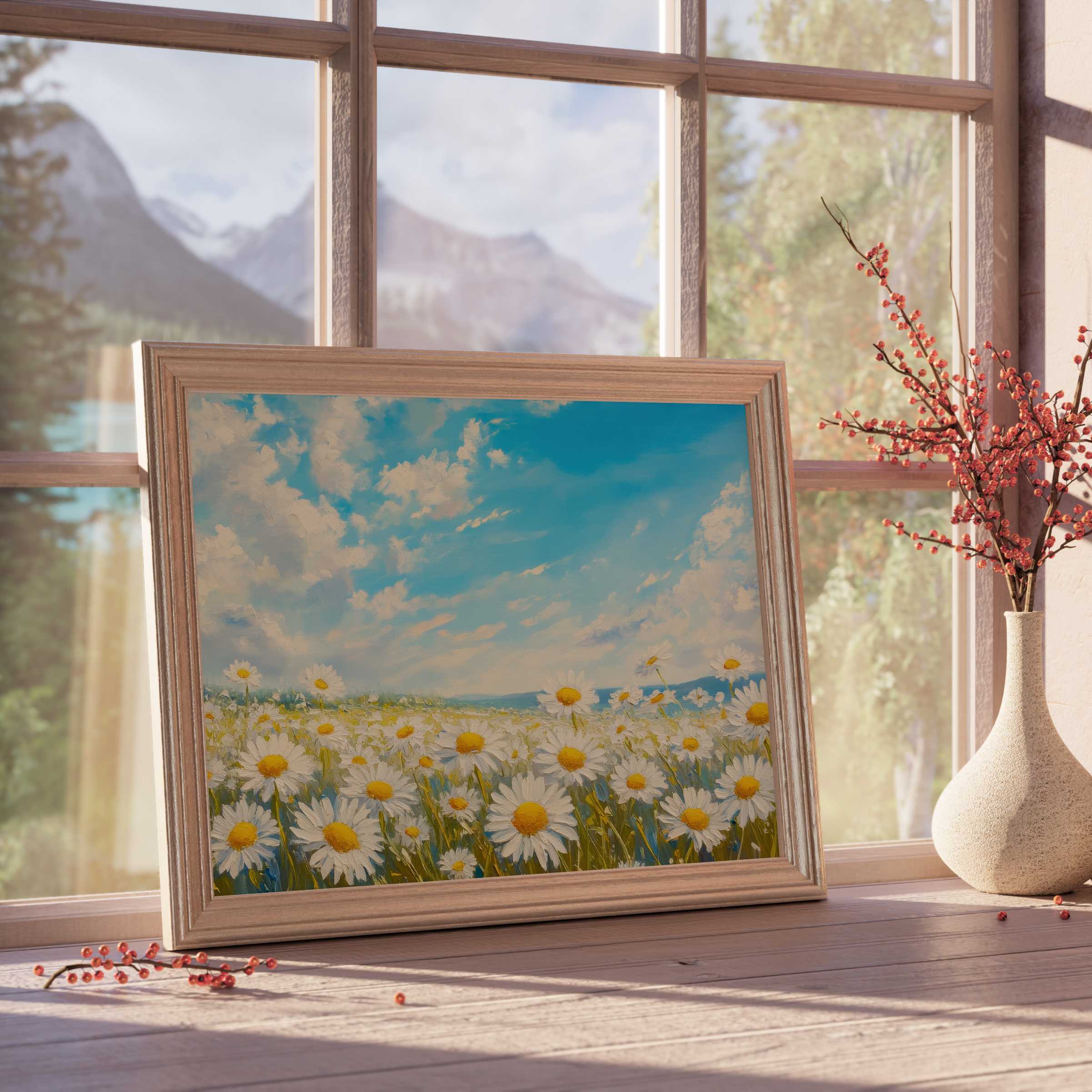 Floral downloadable art featuring radiant daisies under a serene sky, elevating tranquil, curated interiors with timeless elegance