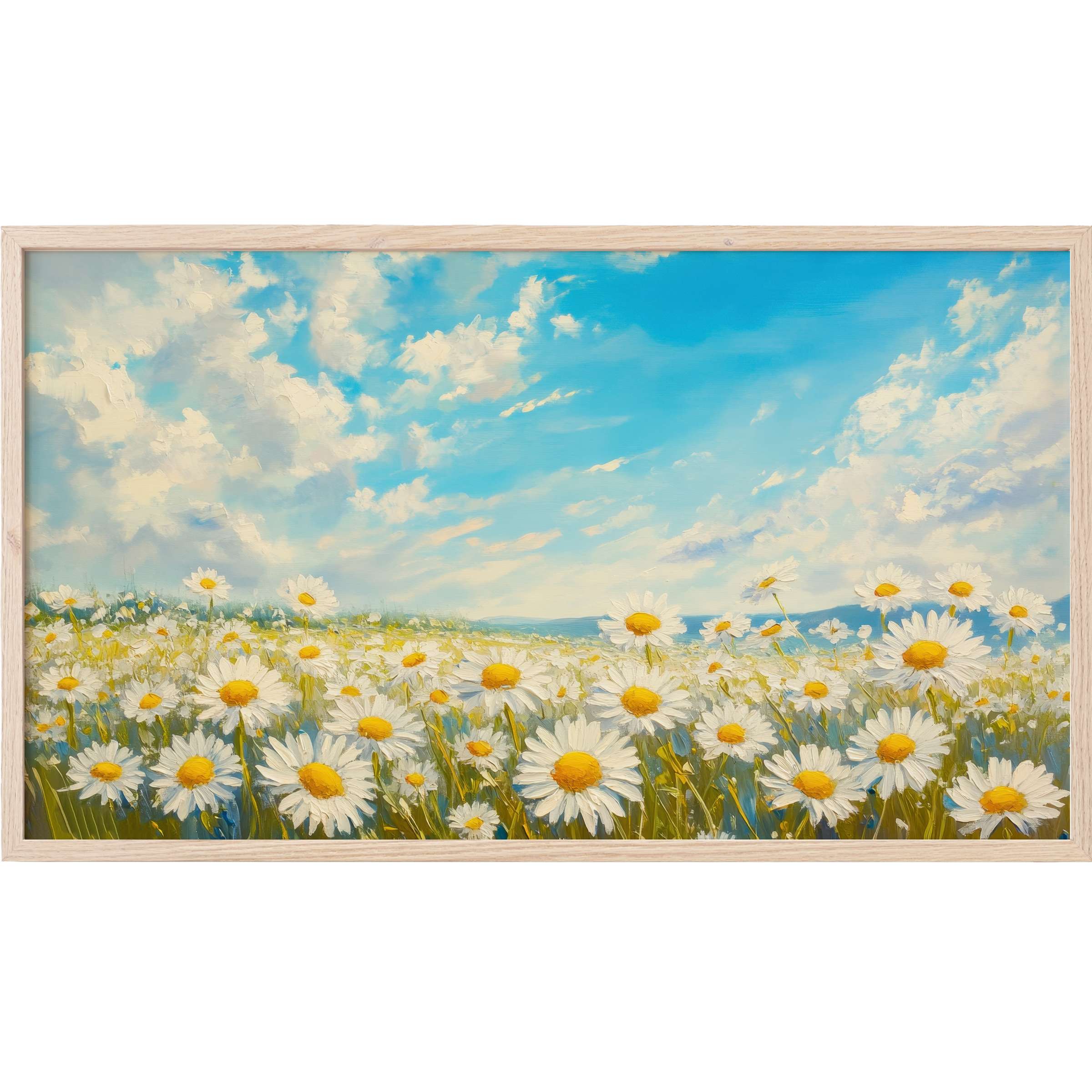 Floral Frame TV Art featuring a serene daisy field under a bright blue sky with soft clouds, in elegant brushstrokes