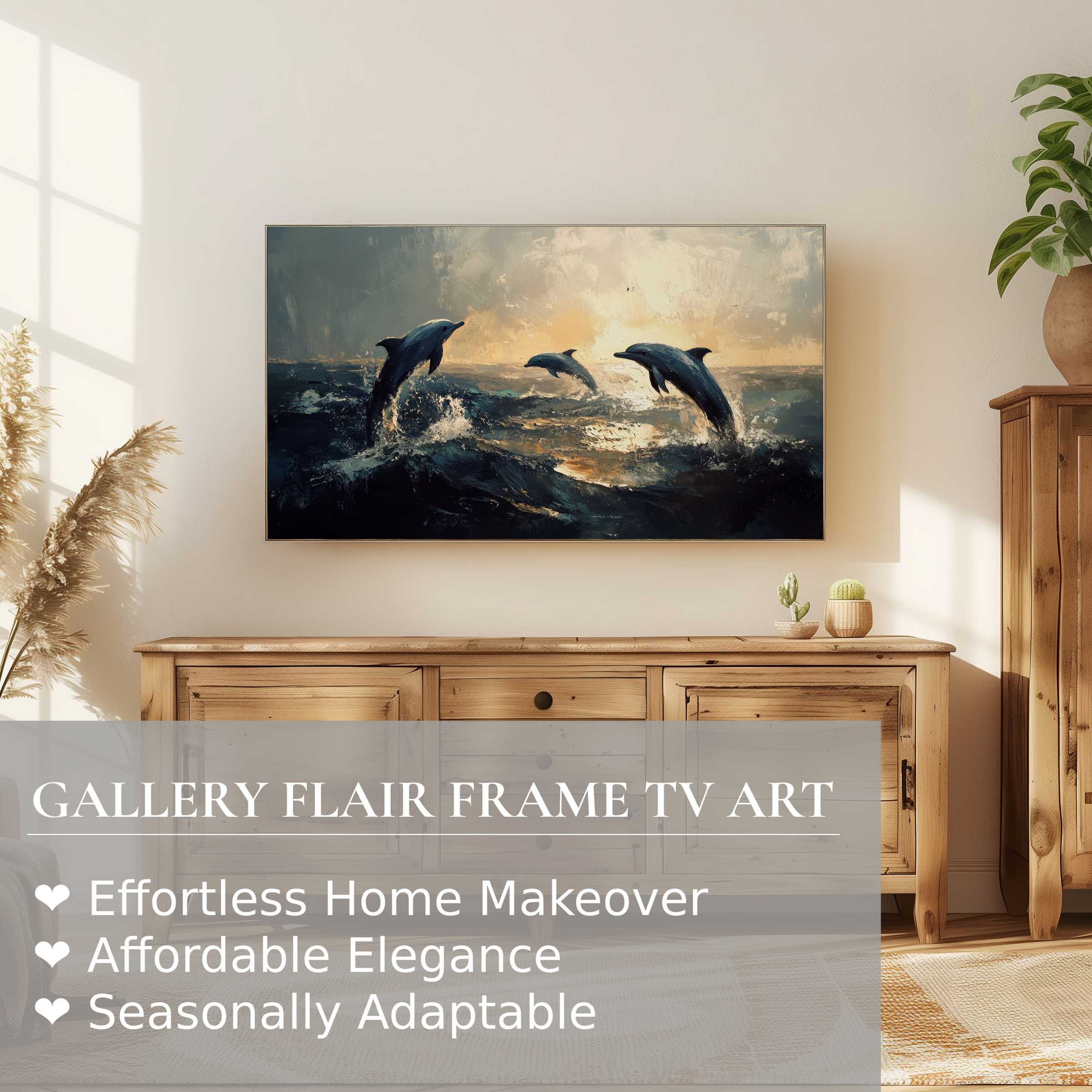 Samsung Frame TV displaying refined beach digital artwork of dolphins leaping over waves in warm, elegant setting