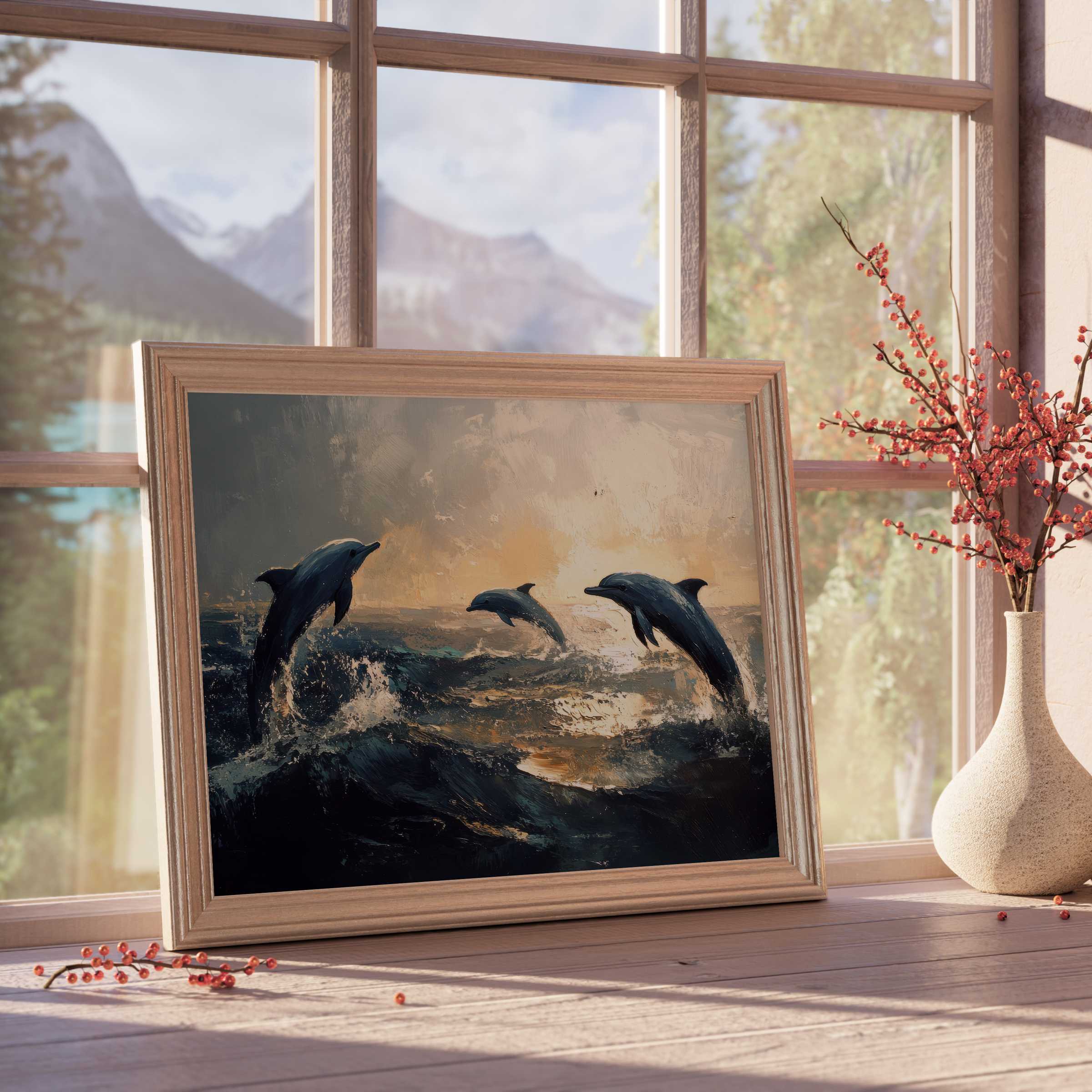Graceful dolphins leap through twilight waves in this beach downloadable art, evoking serene coastal elegance and sophisticated ocean vibes