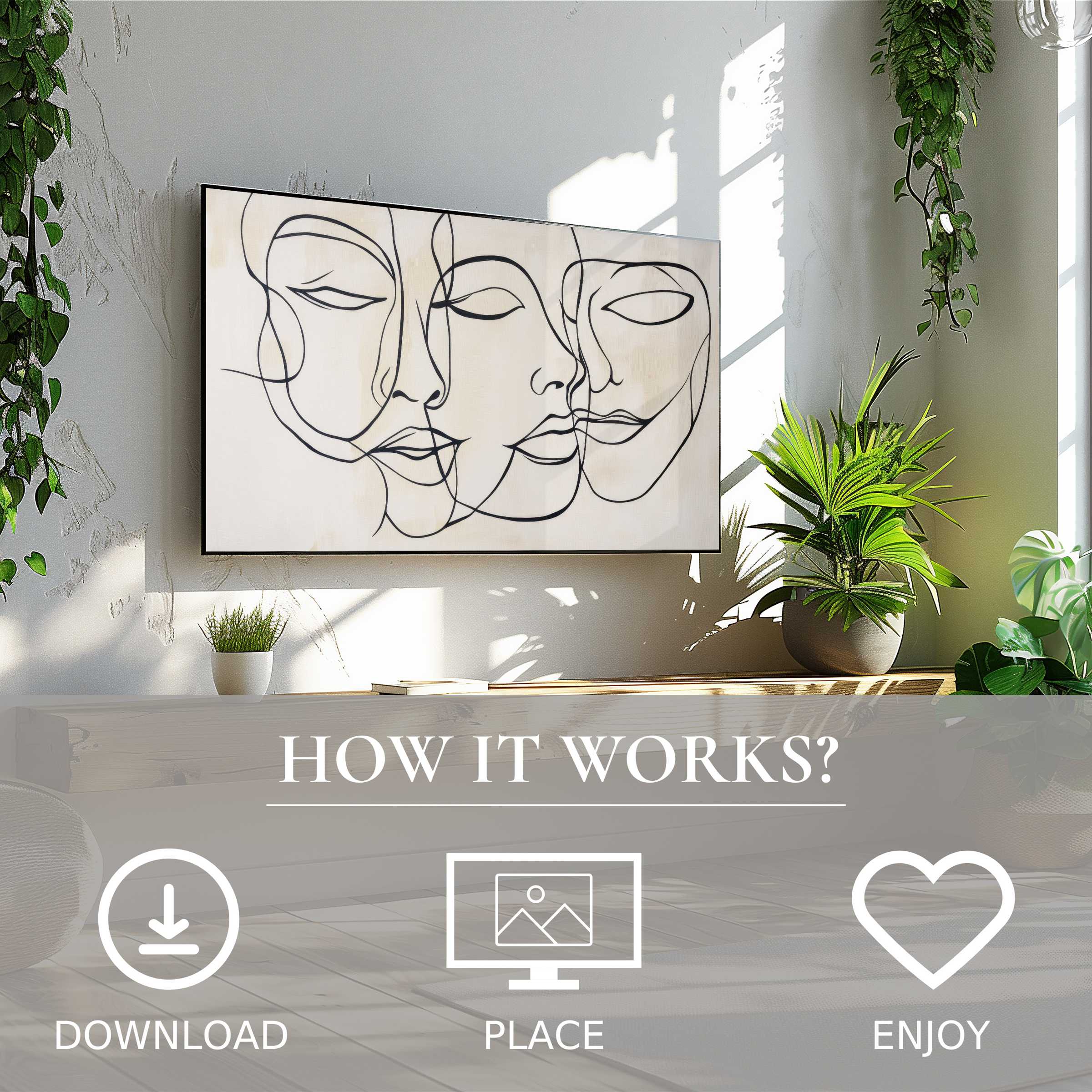 Neutral art for Samsung TV with simple line faces, digital download adds stylish calm to modern living spaces