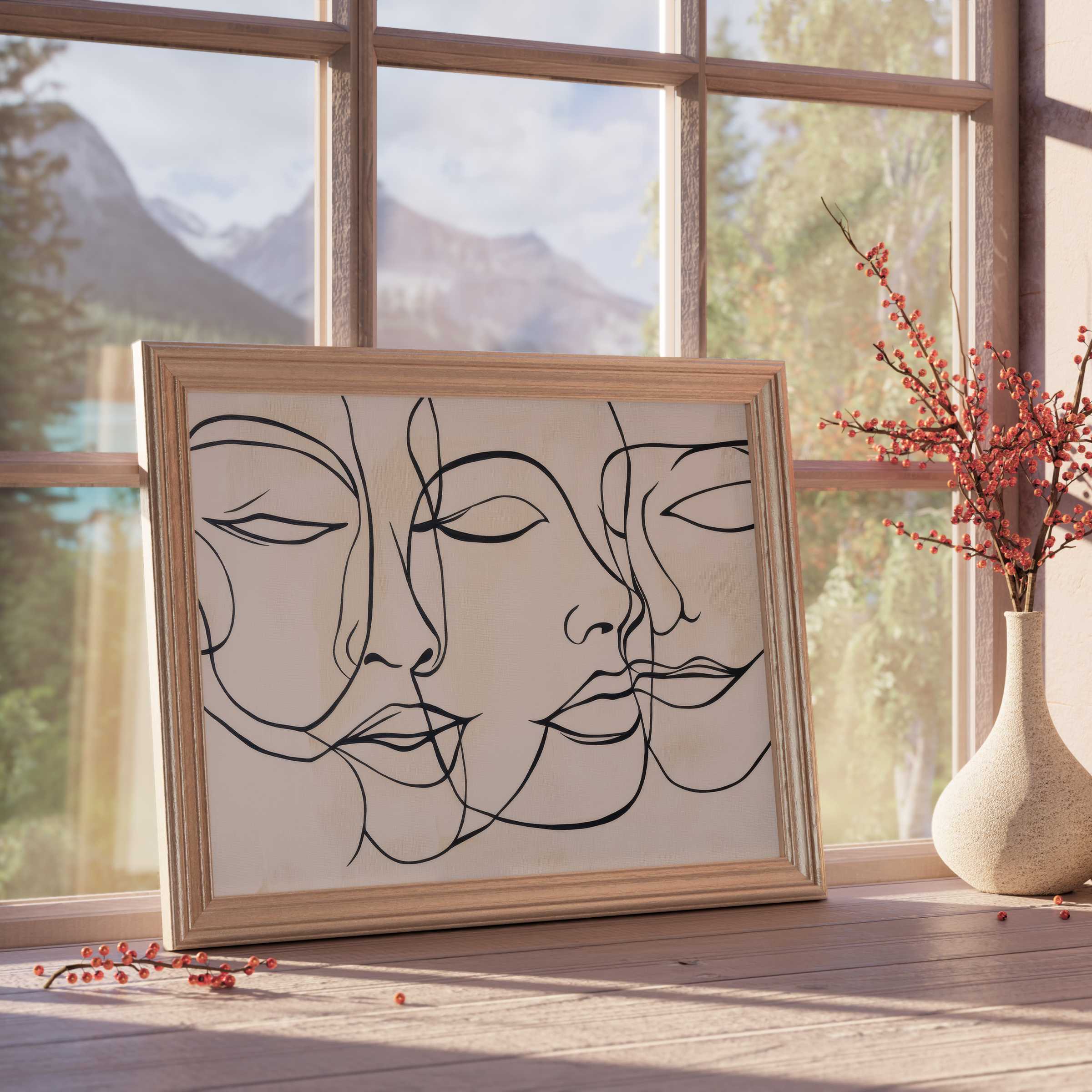 Neutral downloadable art featuring elegant continuous-line faces, enhancing calm, curated interiors with timeless minimalist charm