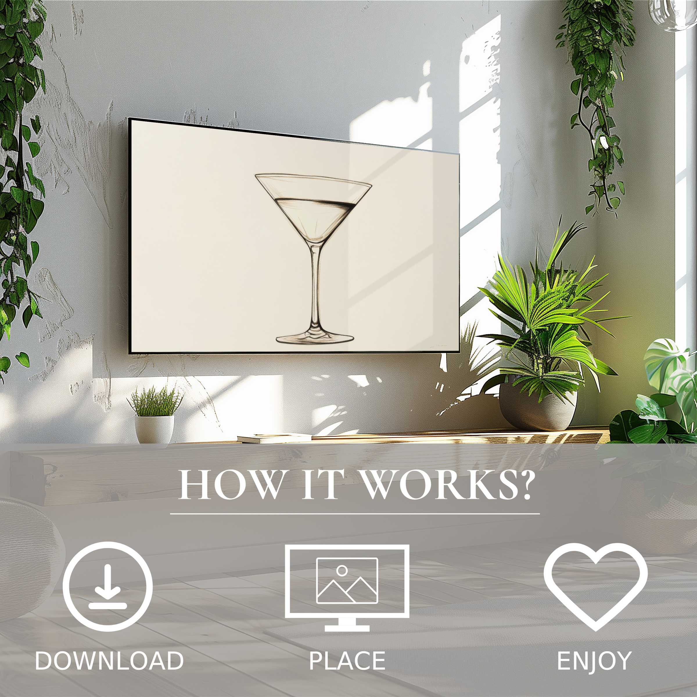 Minimalist art for Samsung TV shows a simple glass sketch in soft beige, easy digital download enriches modern living spaces