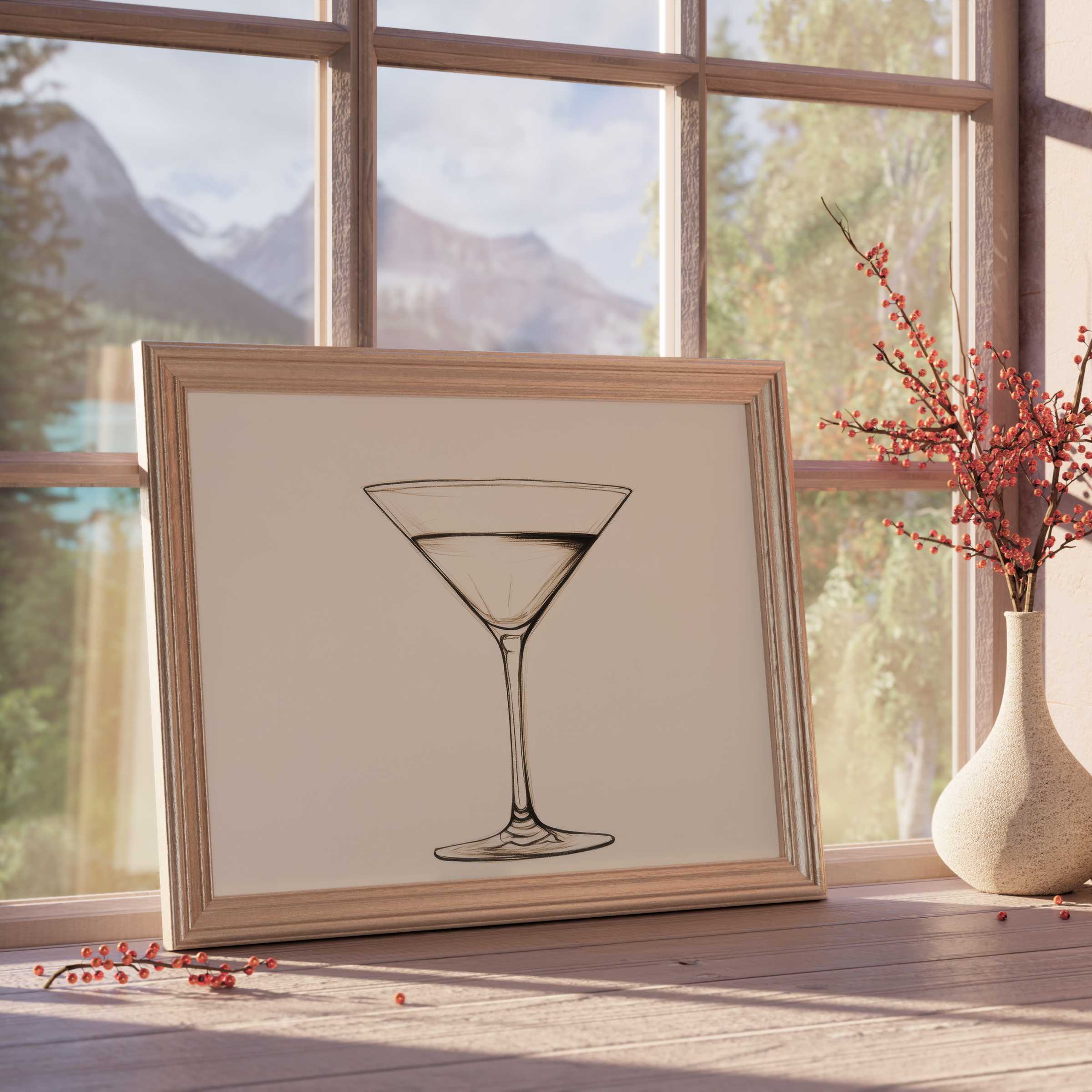 Minimalist downloadable art featuring a delicate martini glass sketch, enhancing calm, curated interiors with refined elegance