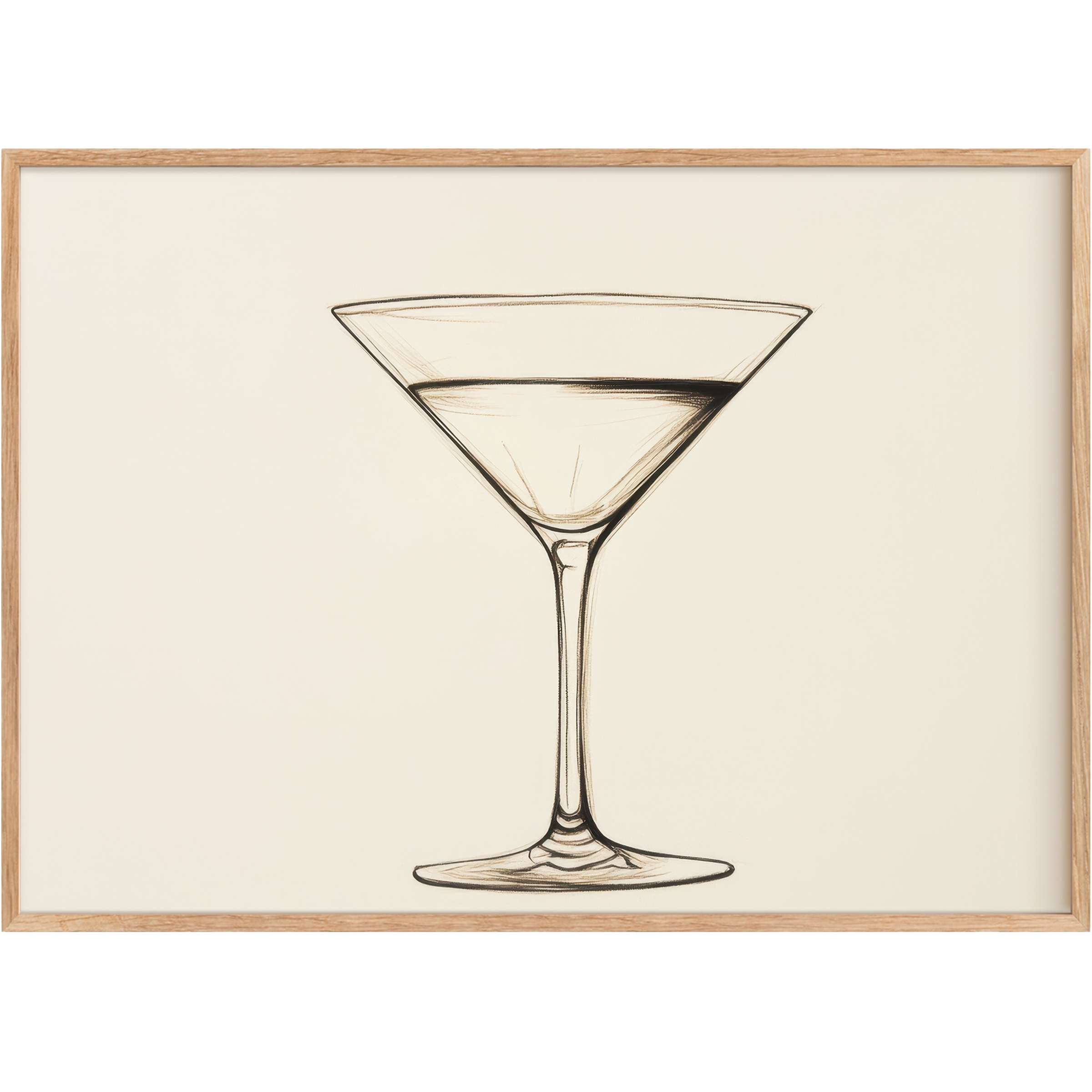 Elegant minimalist printable wall art featuring a sleek martini glass sketch in soft sepia tones, evoking a serene, refined ambiance