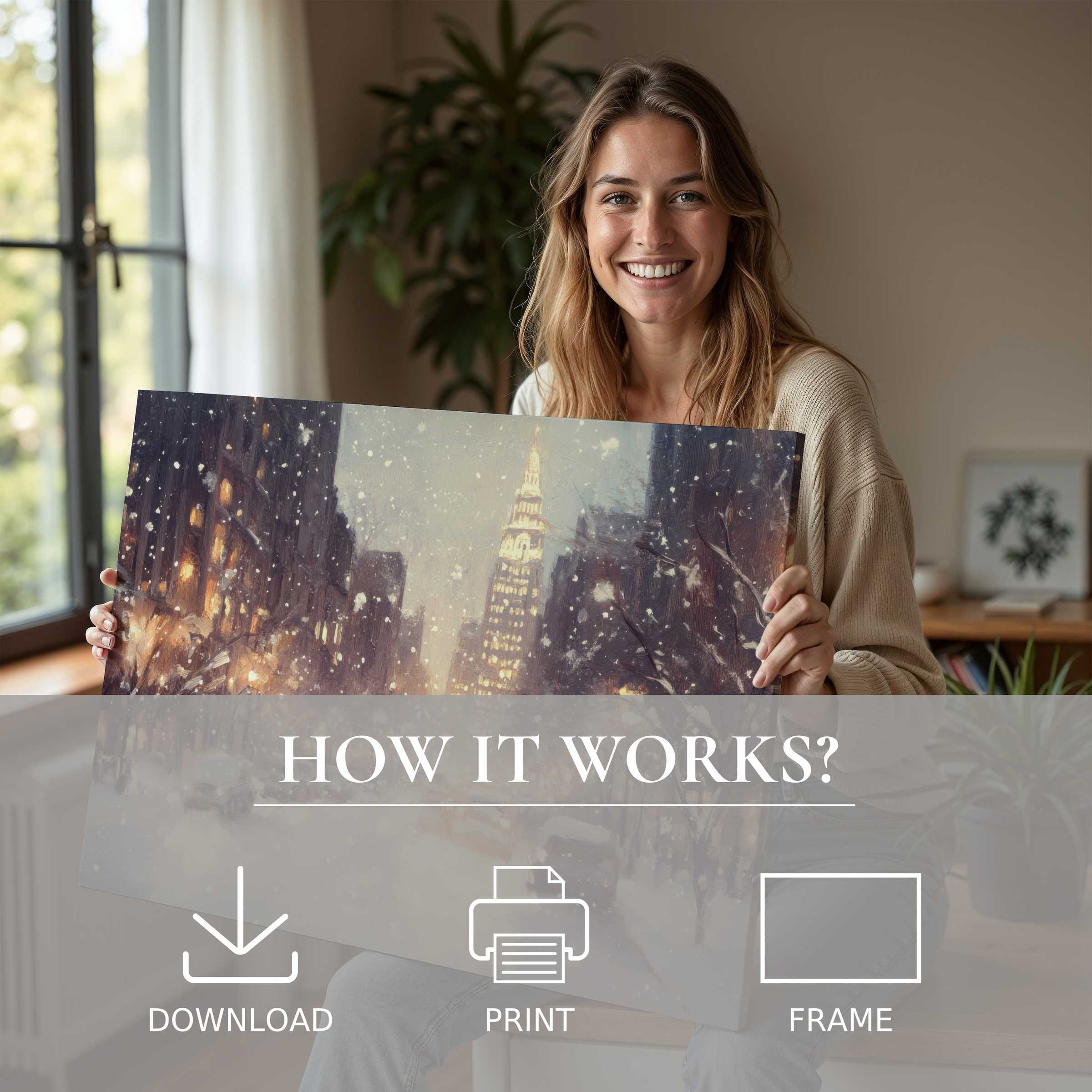 Woman in a modern home joyfully showcasing a Christmas digital art print, evoking warmth, connection, and serene holiday charm