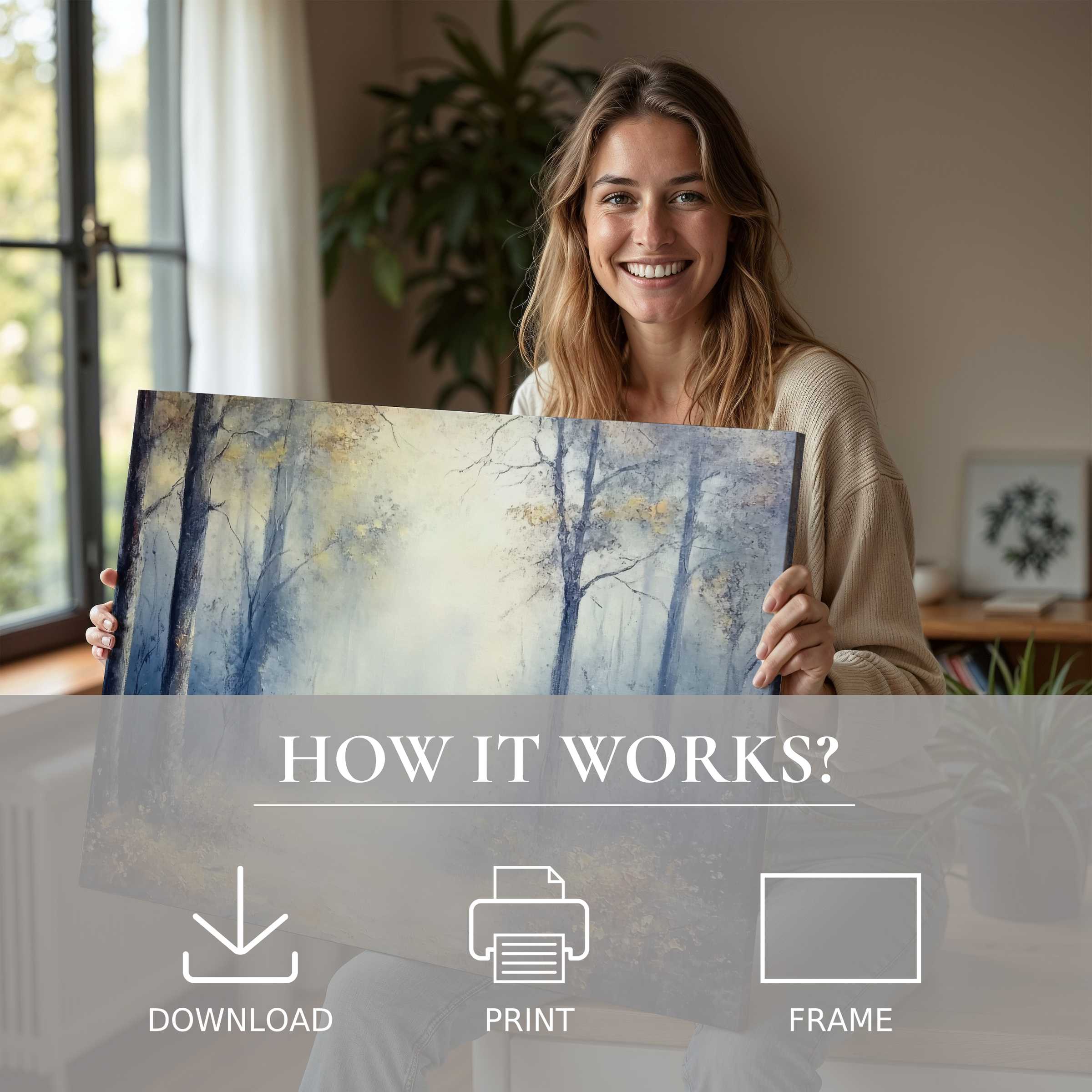 Bright landscape digital art print embraced in a stylish home, evoking serene joy and effortless elegance