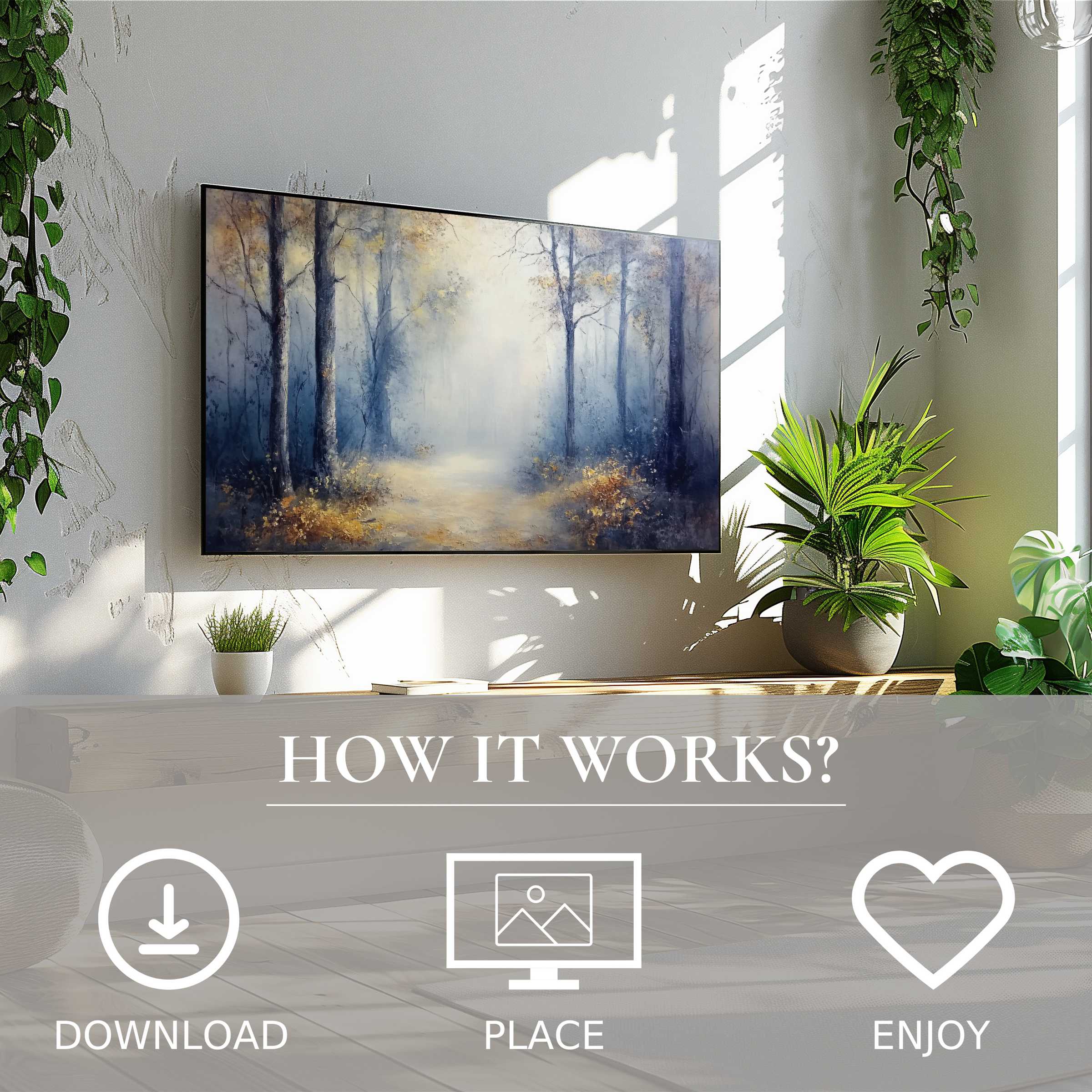 Landscape art for Samsung TV shows misty forest tones, easy digital download enhances your modern living space