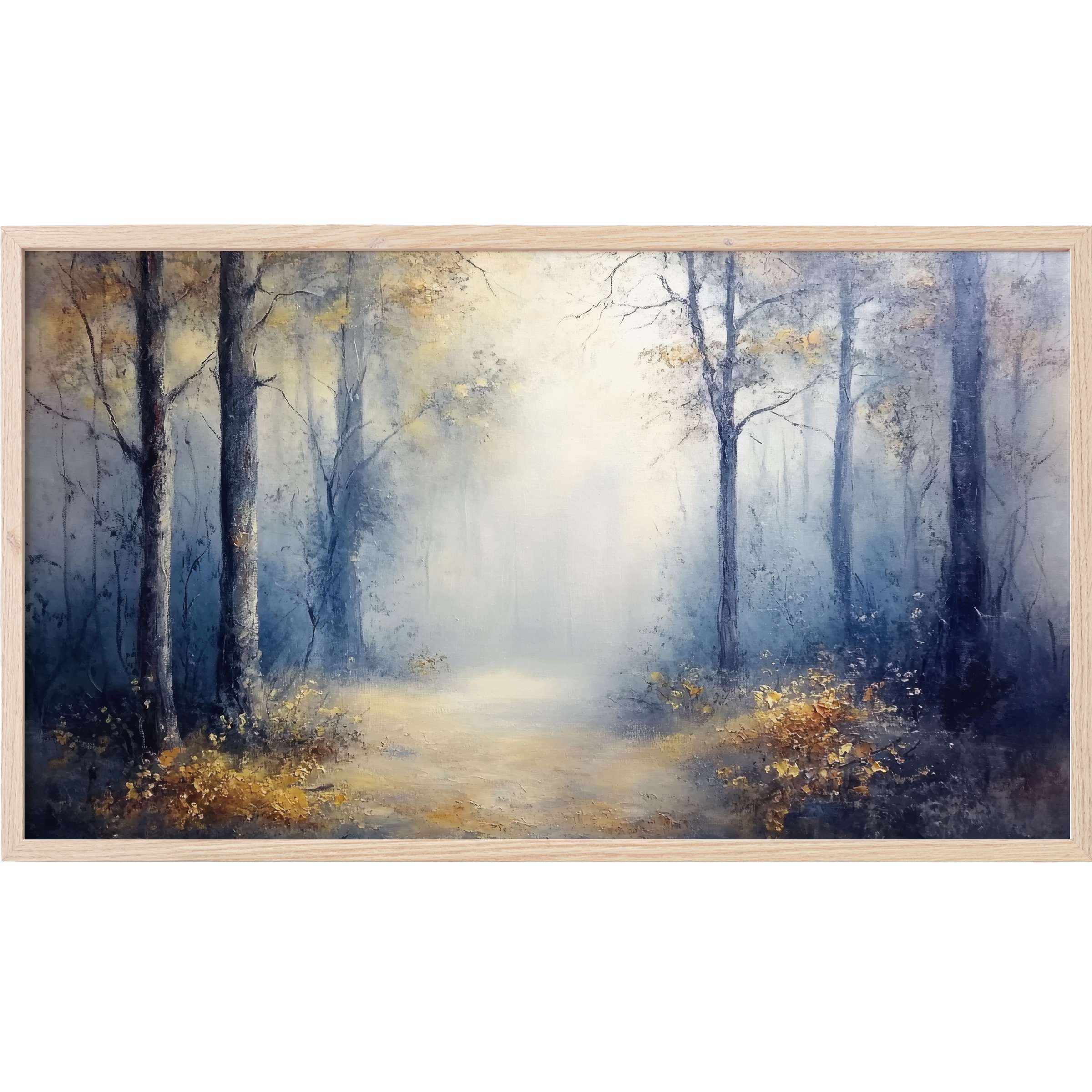 Ethereal forest scene in soft blues and golds, evoking calm and mystery in landscape Frame TV Art