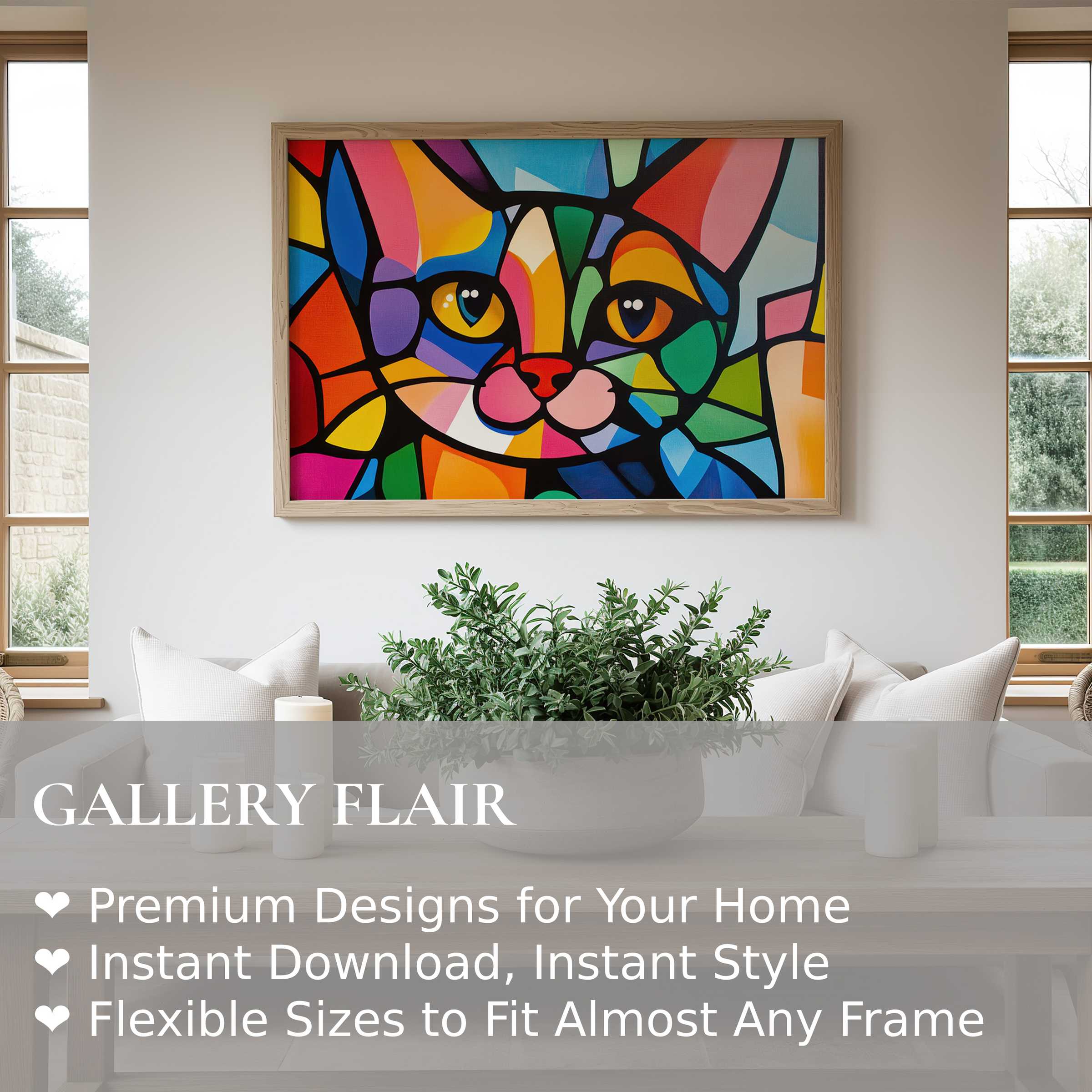 Vibrant pop art wall art print of a colorful cat in a contemporary living room, adding bold energy and modern charm
