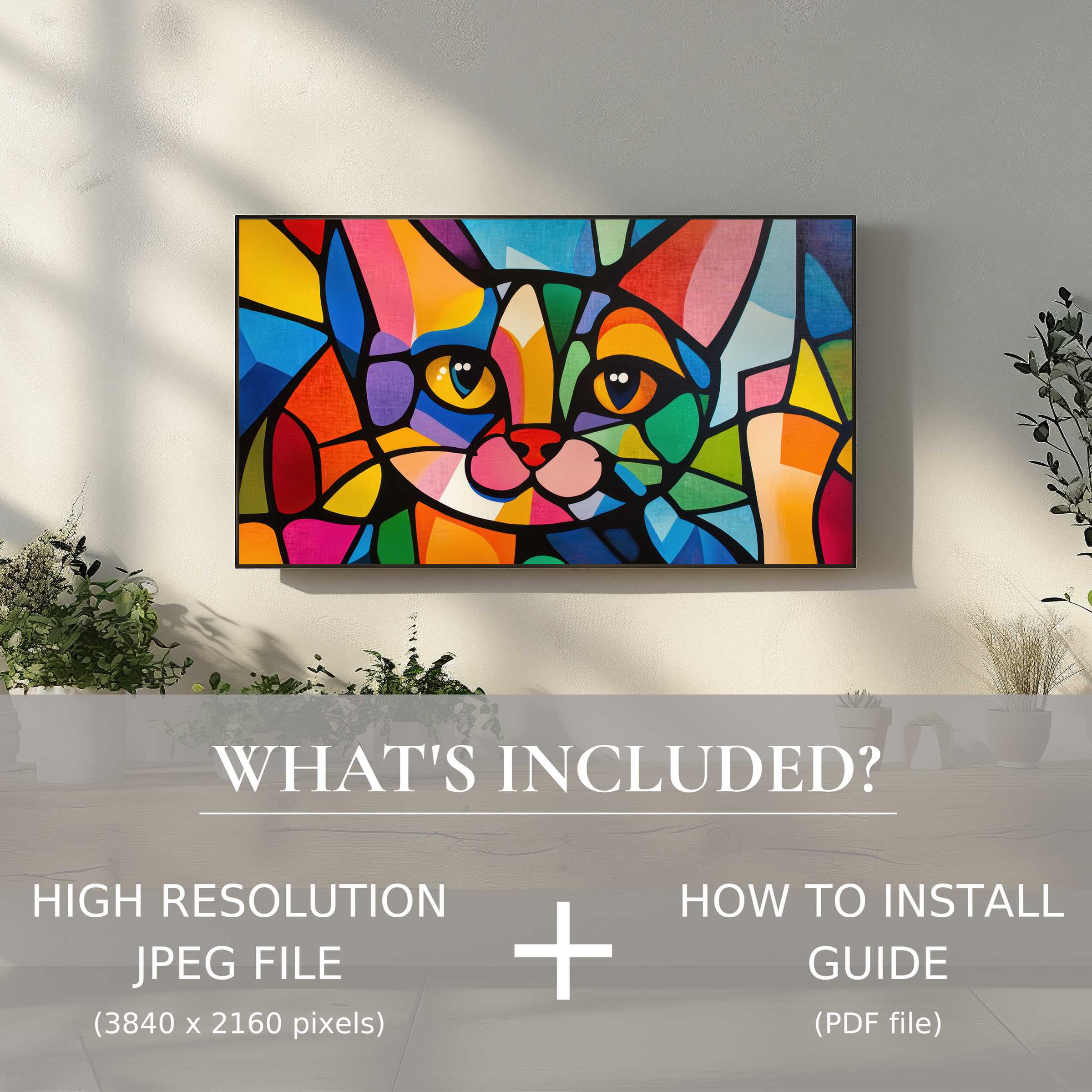 Vibrant pop art digital TV art download brightens any modern living room with easy, stylish digital decor enhancement