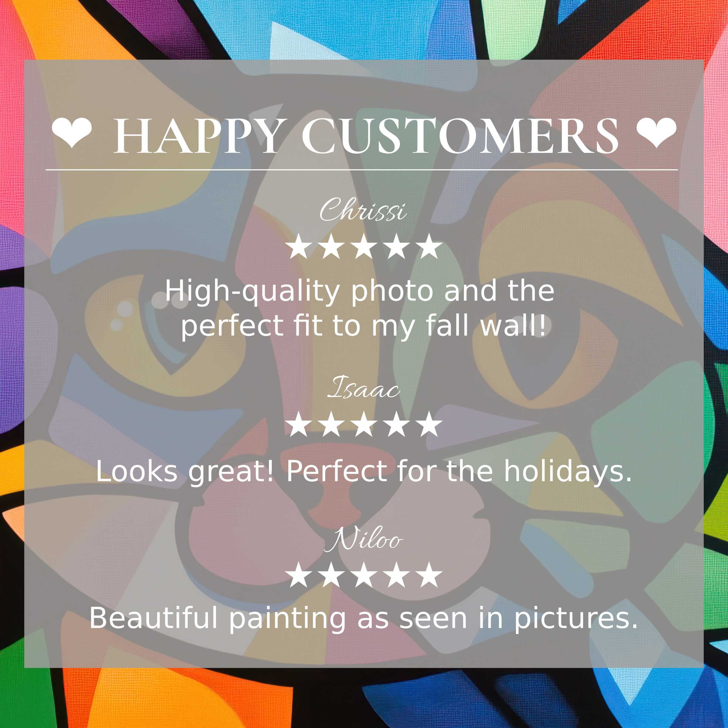 Pop art for Frame TV with abstract sunset colors, happy customer reviews build trust and highlight elegant design