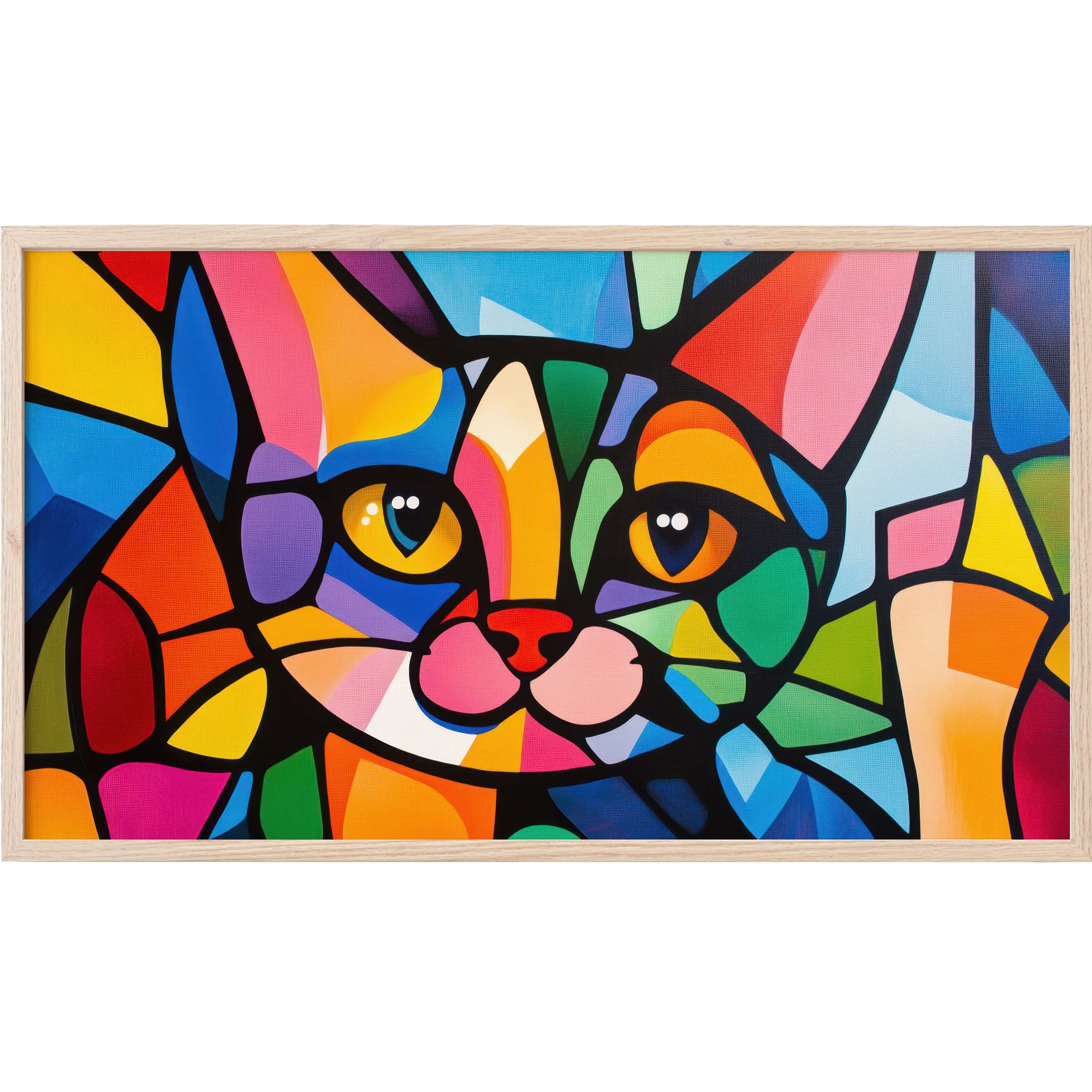 Vibrant stained-glass style cat portrait with bold hues and black outlines, perfect pop art Frame TV Art statement piece