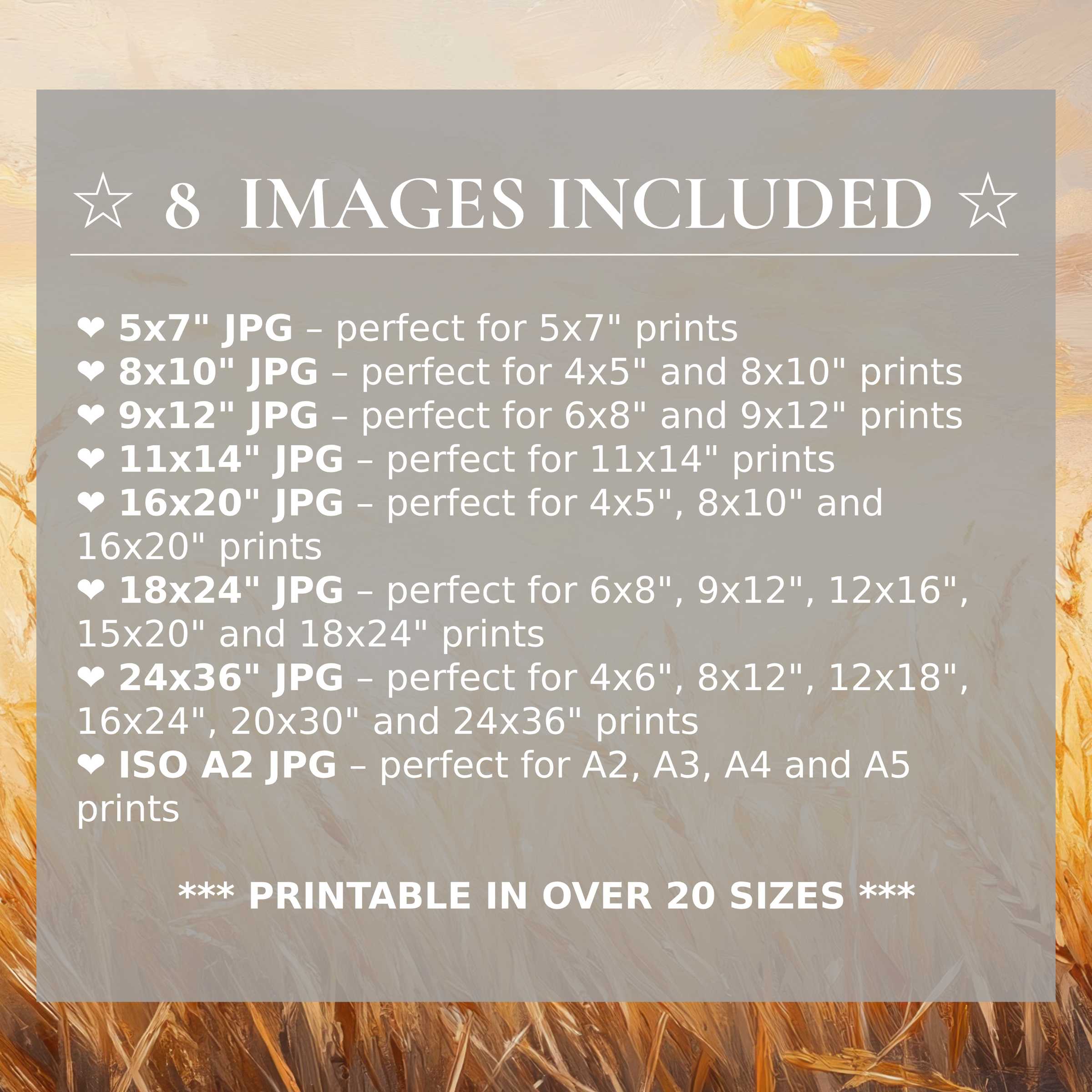 Vintage digital print glowing with warm amber and soft beige hues, delivering serene style and flexible elegance in 8 included high-quality sizes