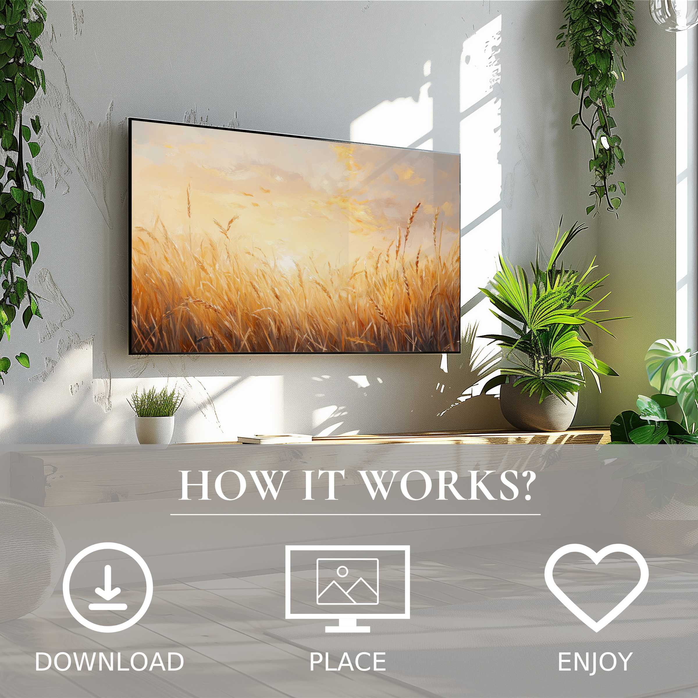 Vintage art for Samsung TV shows warm golden wheat fields, easy digital download enriching your modern living space