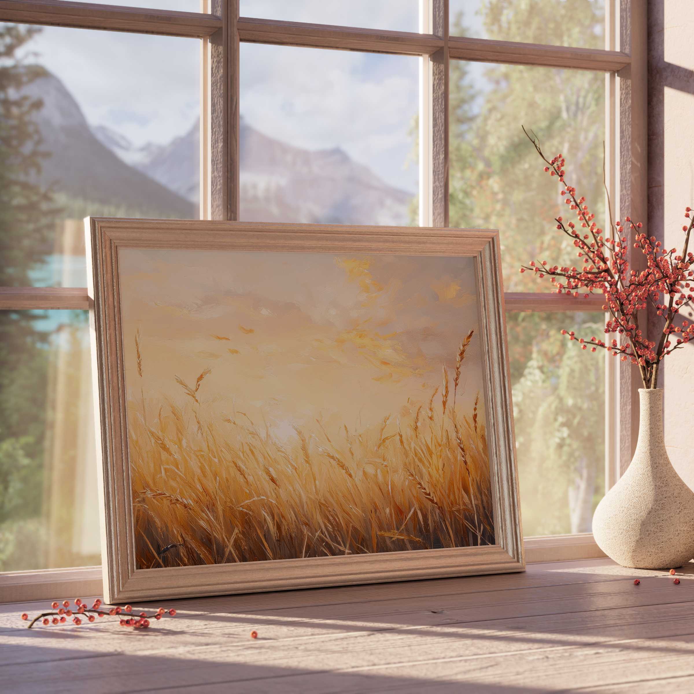 Sun-kissed vintage downloadable art capturing golden wheat fields at dusk, perfect for curated, tranquil modern interiors