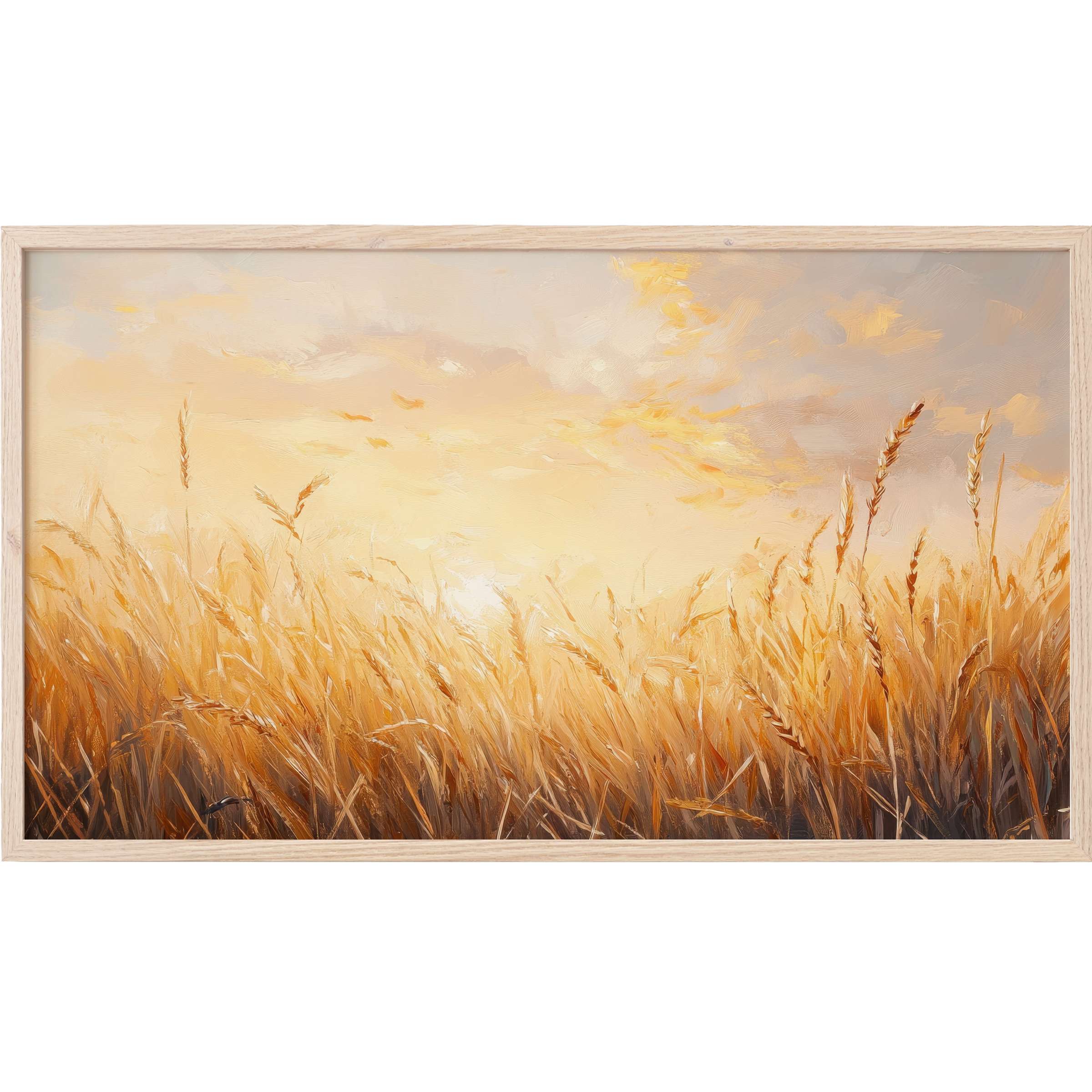 Vintage Frame TV Art depicting a golden wheat field at sunset, with warm hues and soft brushstrokes