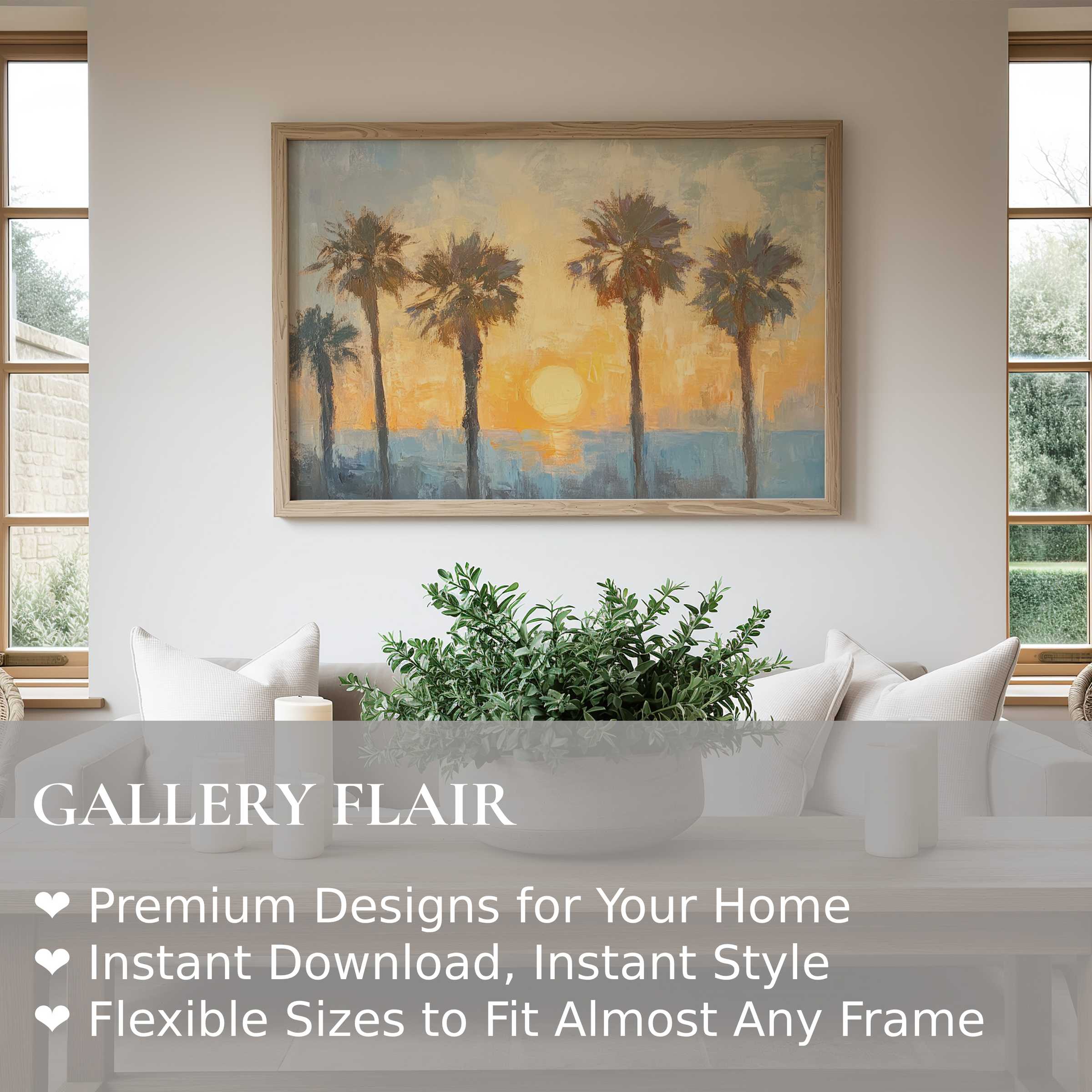 Summer wall art print capturing a radiant sunset with palm silhouettes, elevating serene modern coastal interiors