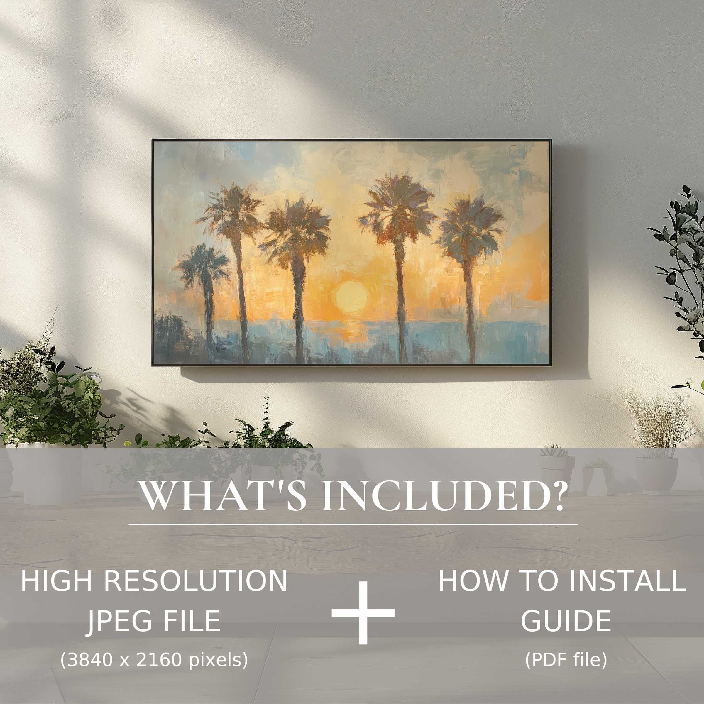 Elegant summer digital TV art download showing palm sunset, enhancing modern living spaces with easy digital use