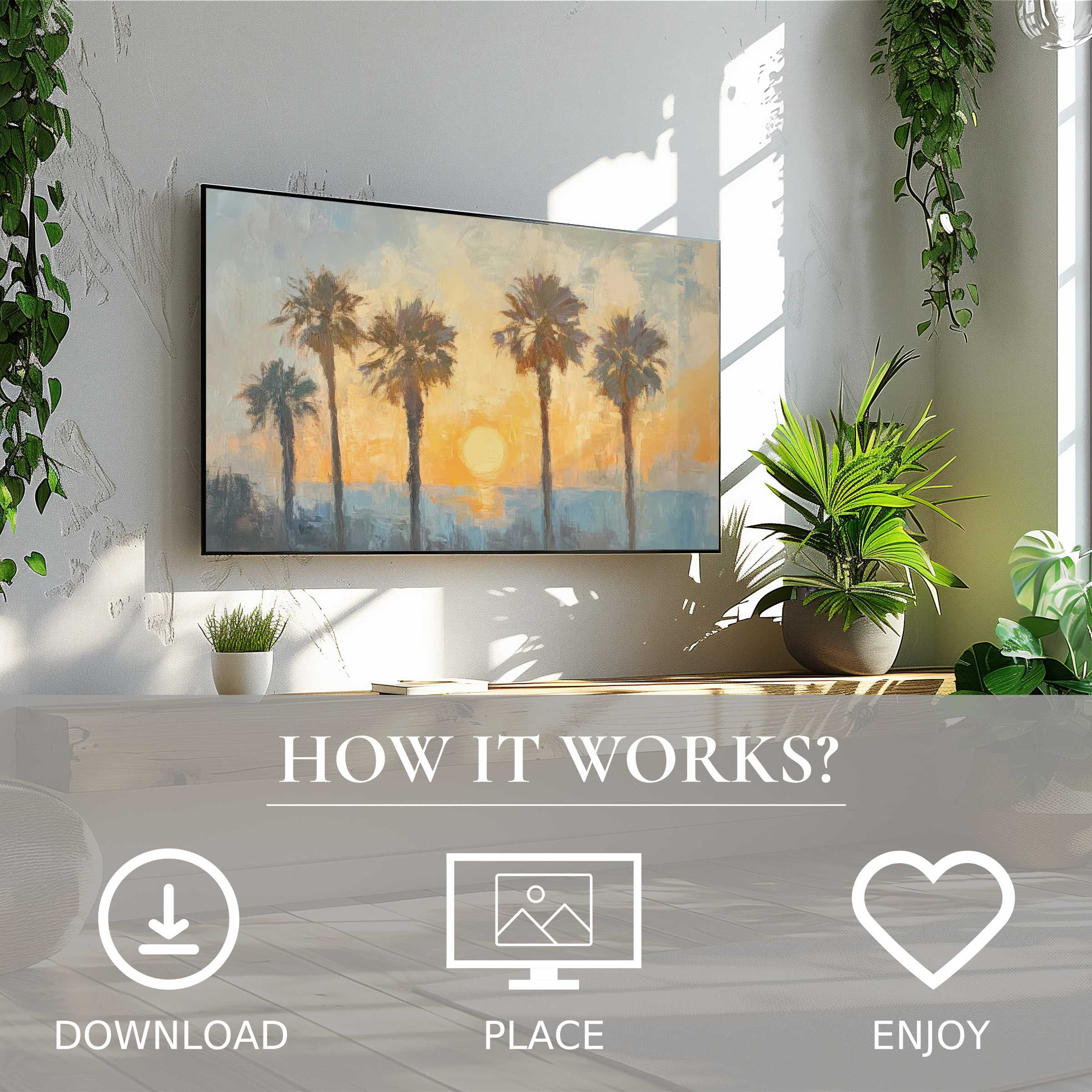 Modern living room with summer art for Samsung TV, soft sunset tones, easy digital download, enriching your space