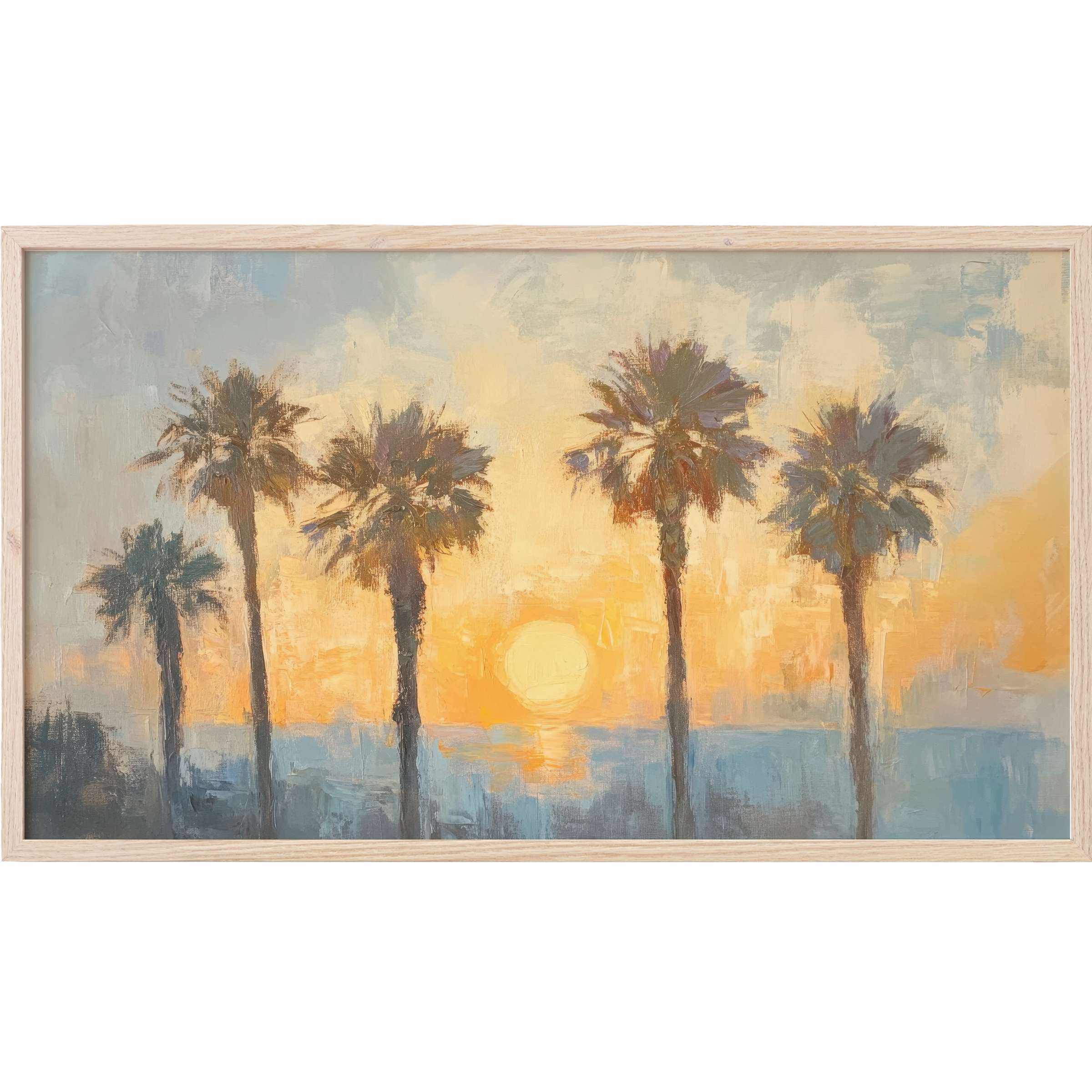 Elegant summer Frame TV Art depicting palm silhouettes in muted blues and warm golden sunset hues