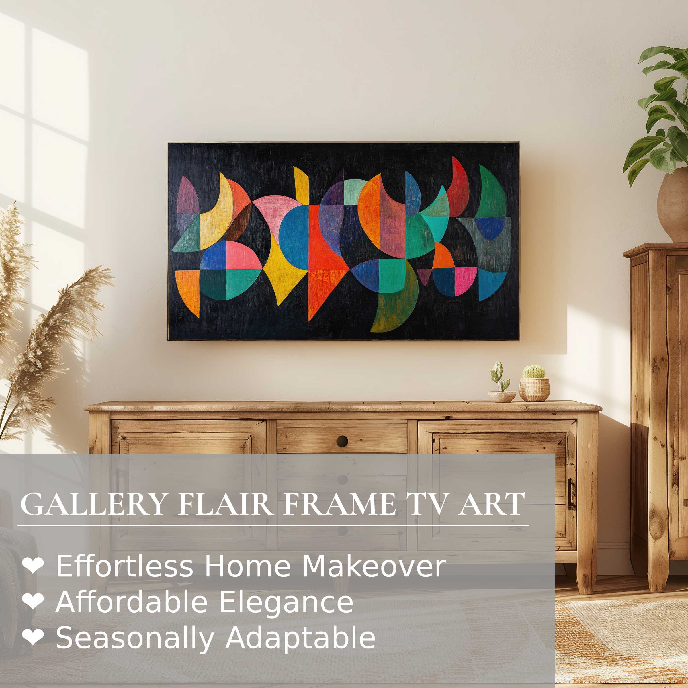 Samsung Frame TV displaying modern digital artwork with vibrant geometric forms in a warm, rustic living room setting