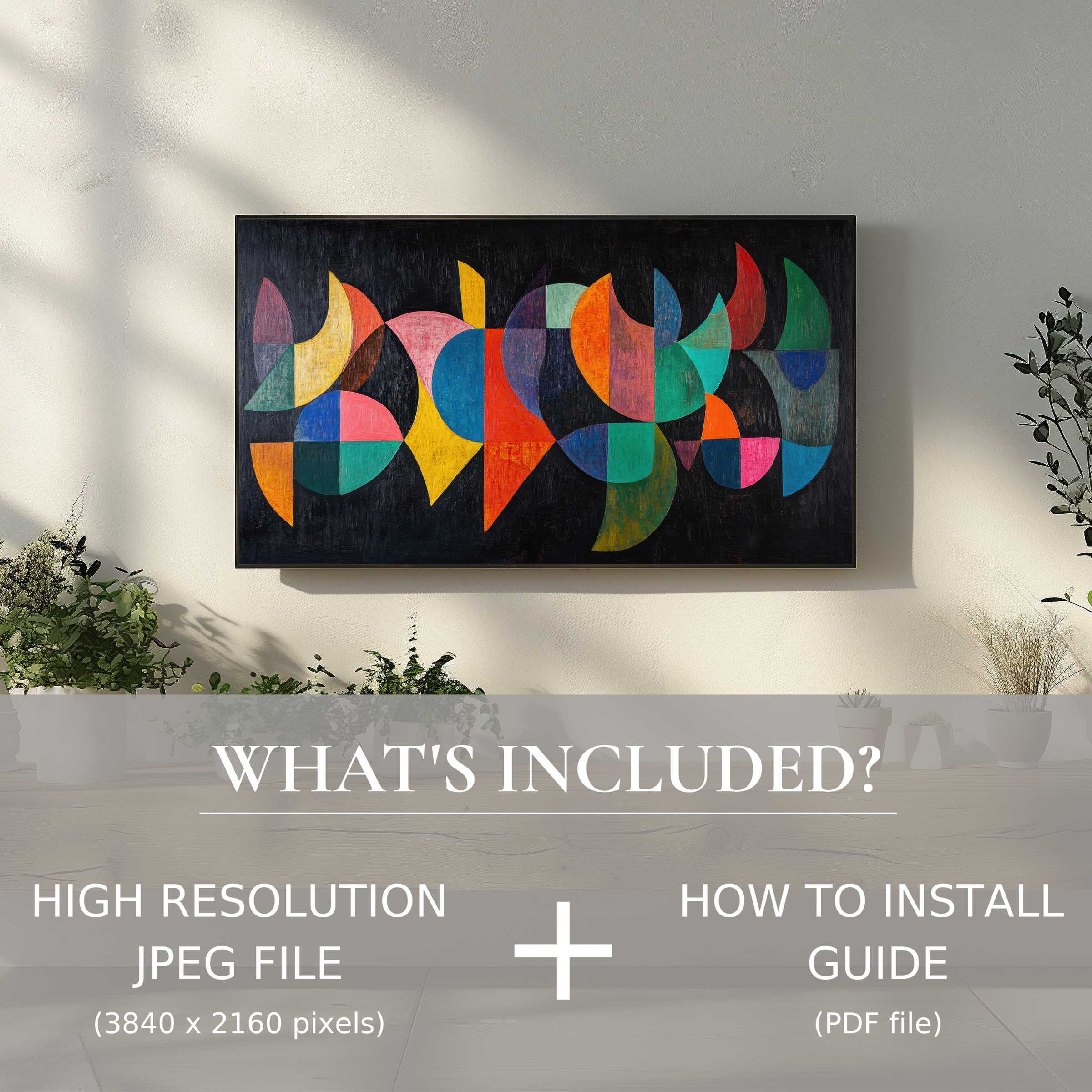 Stylish living room with modern digital TV art download; easy-to-use files elevate your space with vibrant abstract elegance