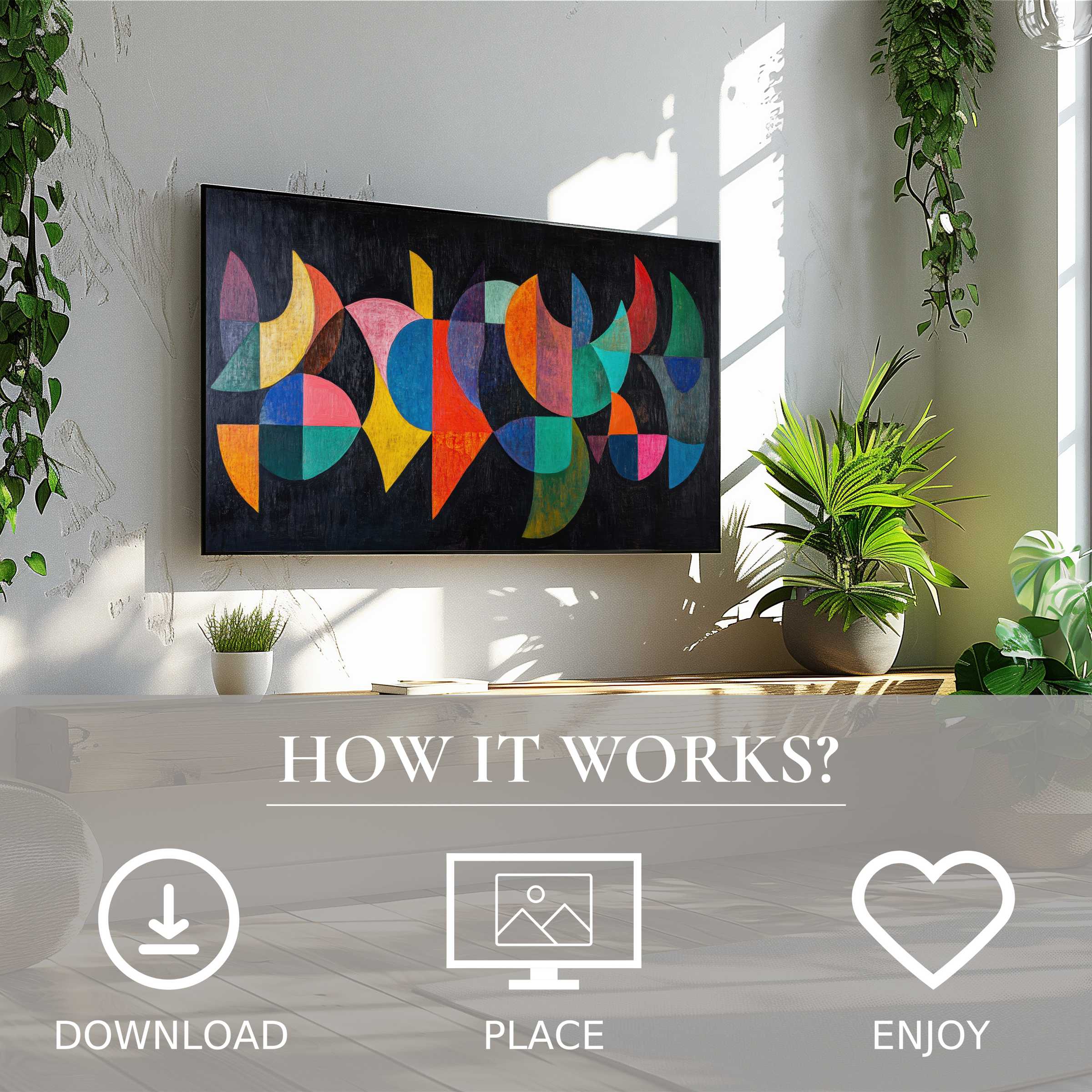 Modern art for Samsung TV with vibrant color flow motif, easy digital download enriches and modernizes your living space