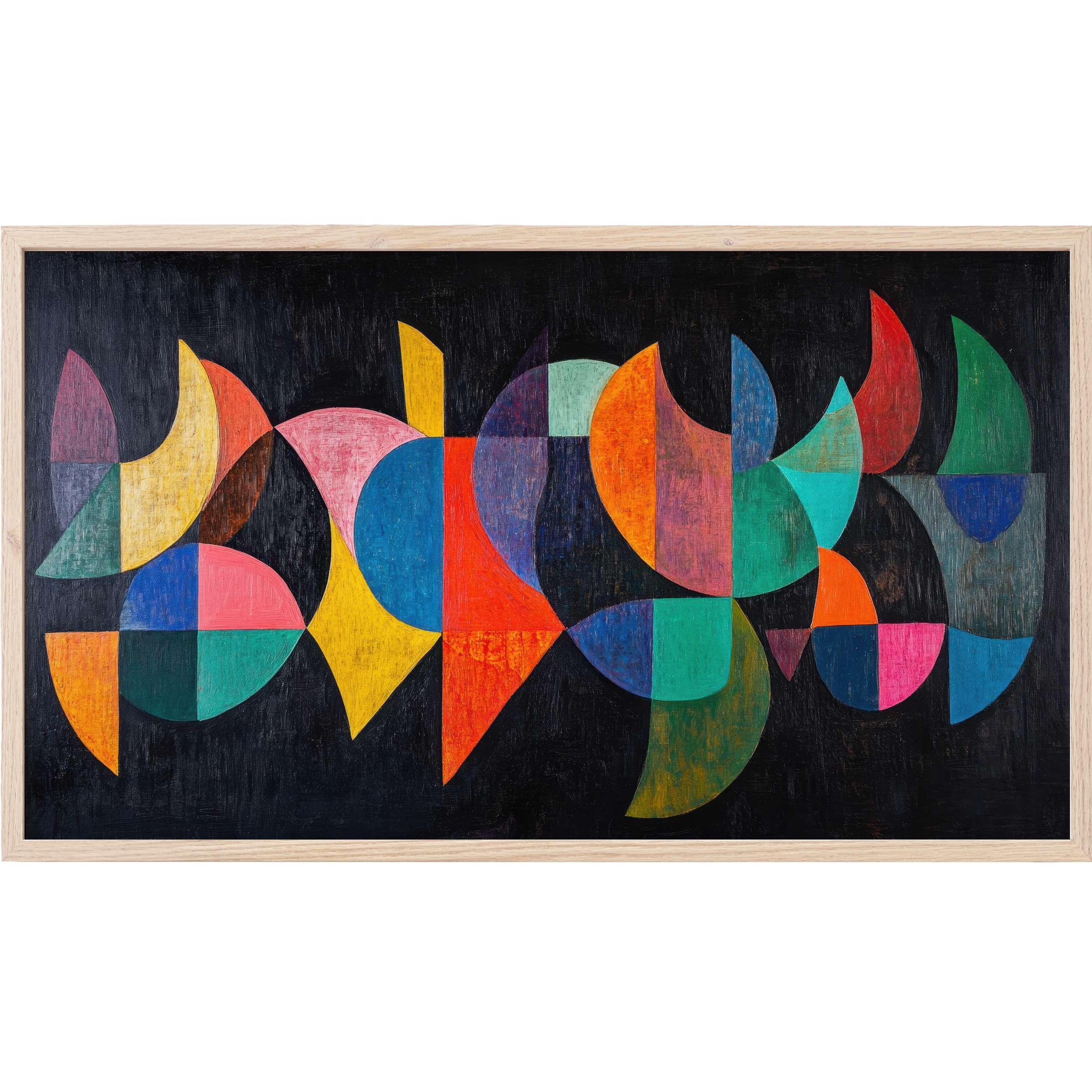 Vibrant geometric shapes in rich blues, reds, and greens on black background, a striking modern Frame TV Art piece
