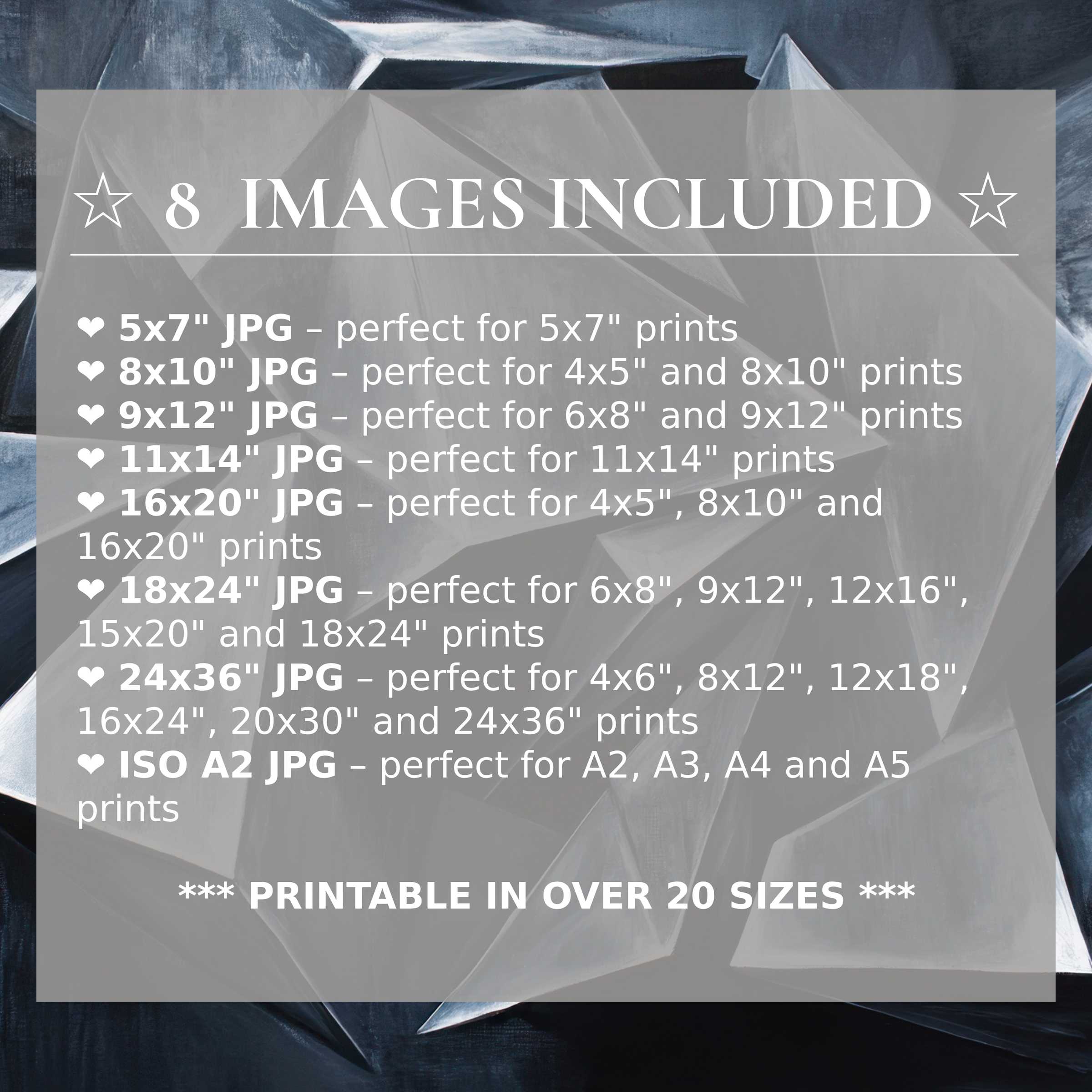 Radiant abstract digital print in moody blues and grays, elevating modern interiors with 8 high-quality sizes included for versatile style