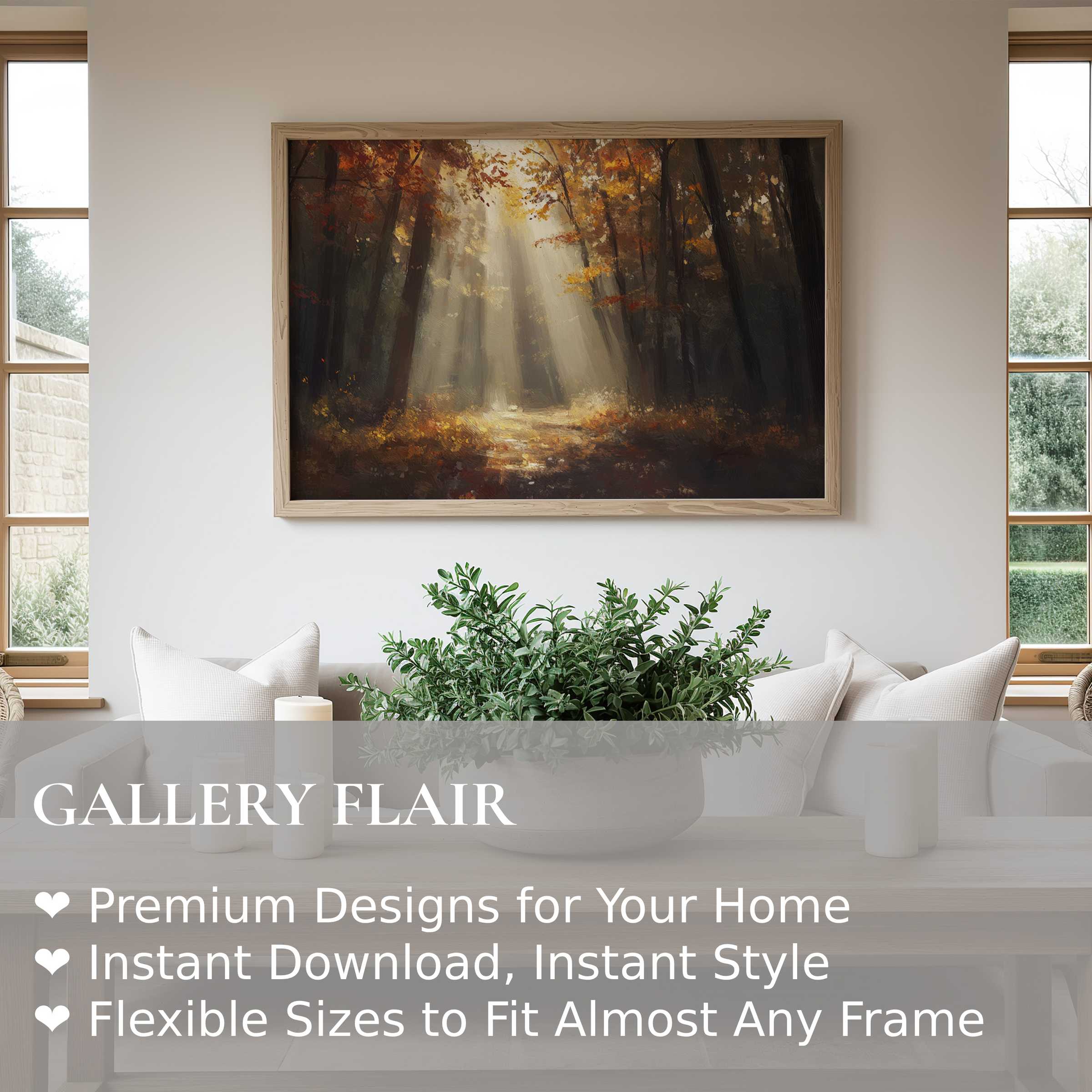 Radiant fall wall art print capturing golden rays through autumn trees, elevating modern rustic living spaces with warm, serene ambiance