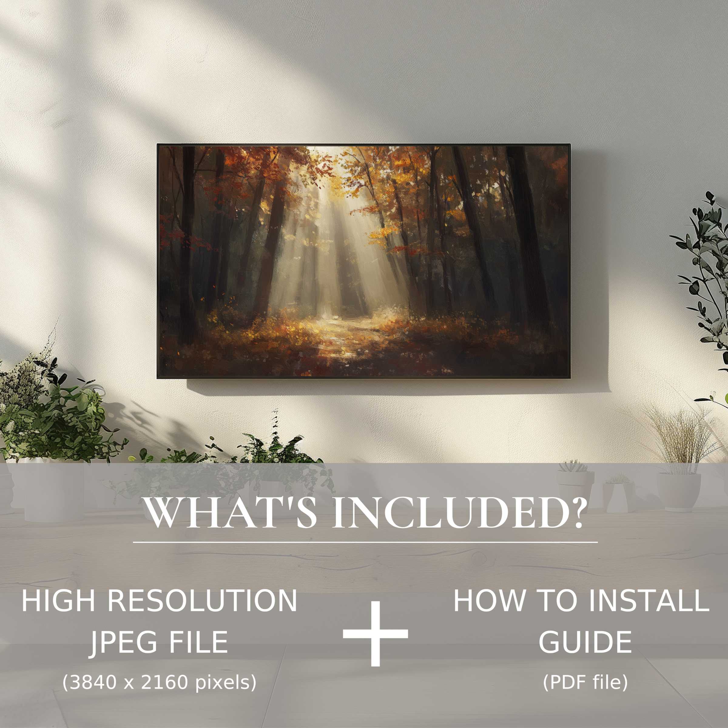 Elegant fall digital TV art download illuminating a serene forest scene, effortlessly enhancing modern living spaces