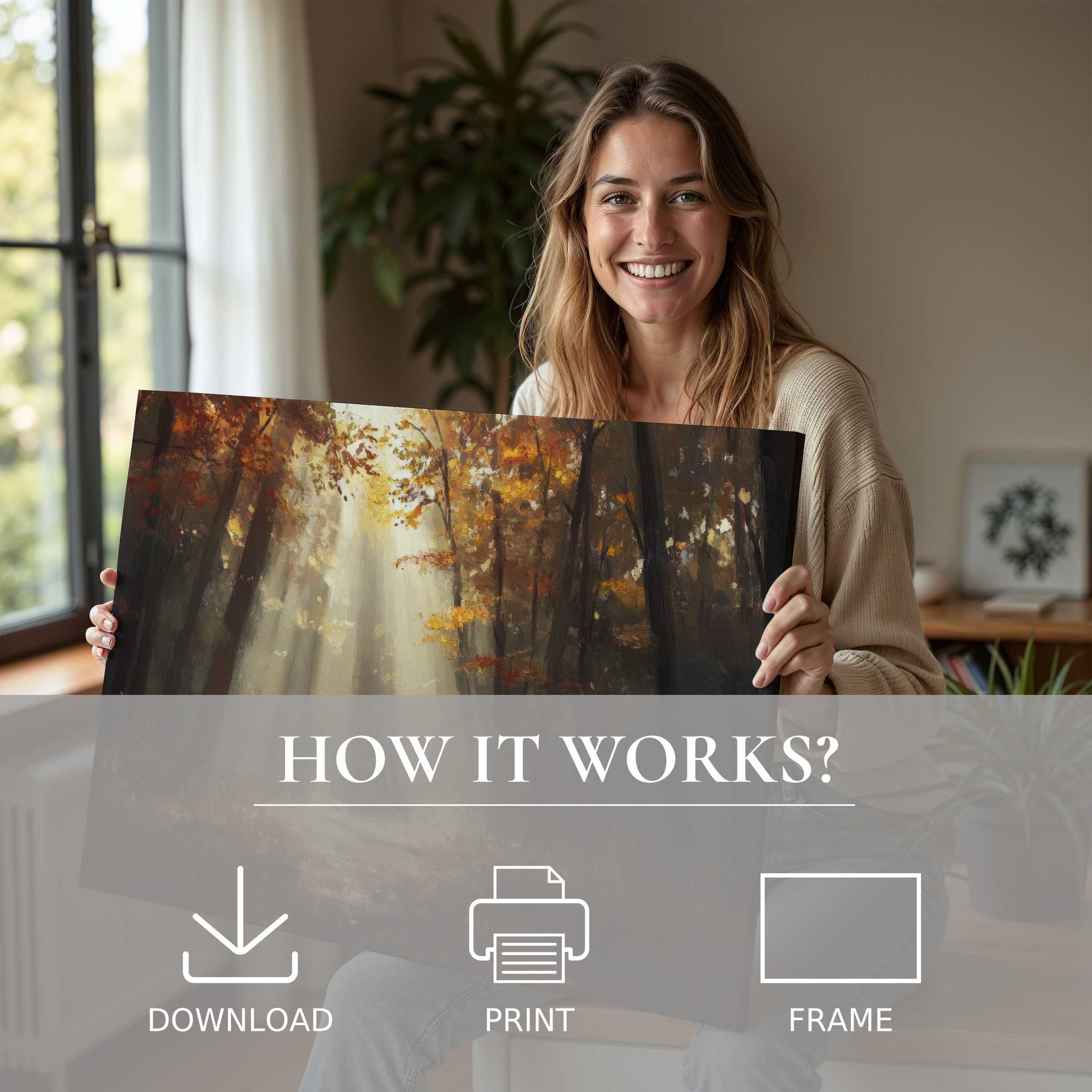 Refined woman in a serene modern home radiates joy holding a warm-toned fall digital art print, embodying effortless elegance