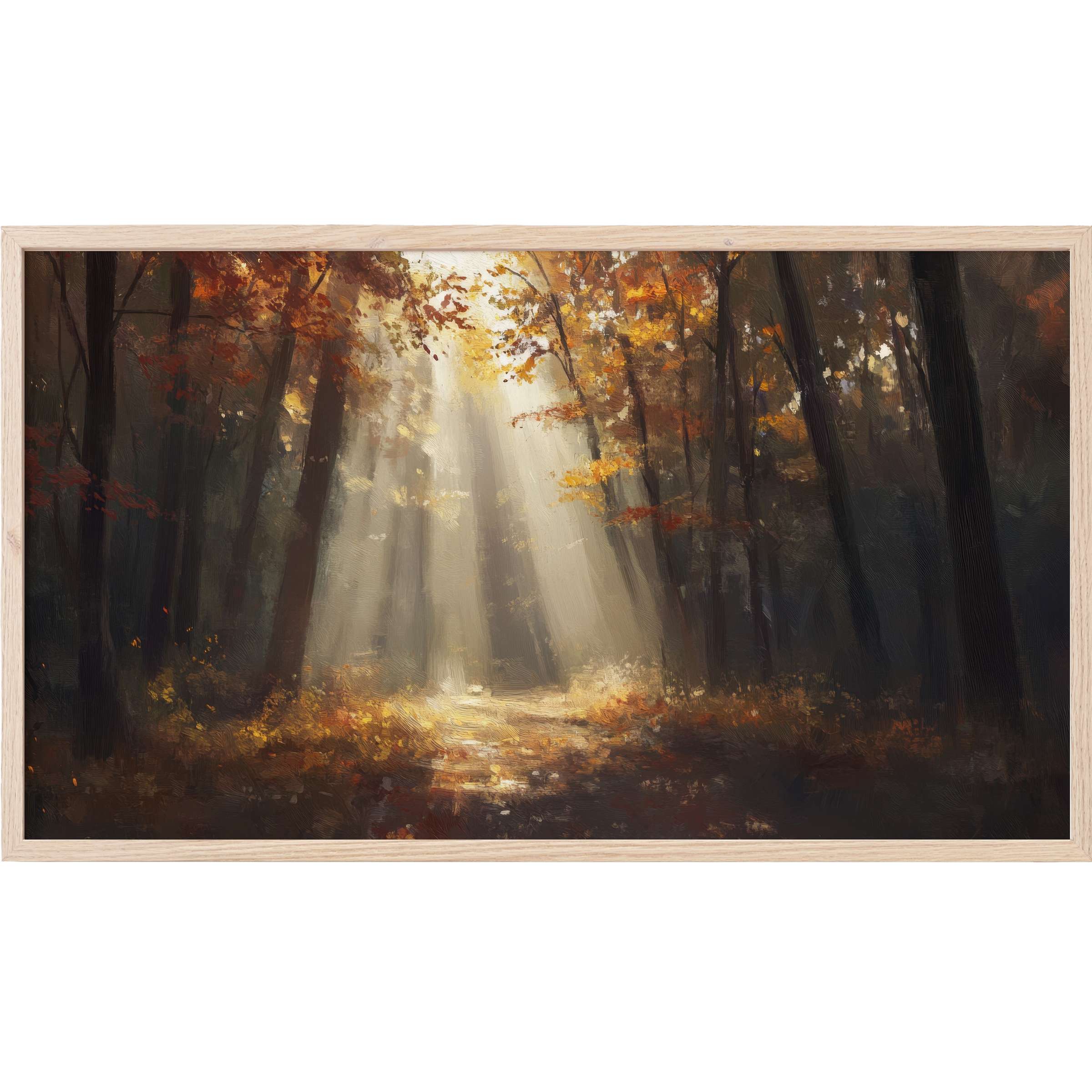Fall Frame TV Art depicting a serene autumn forest path with warm amber light filtering through tall trees
