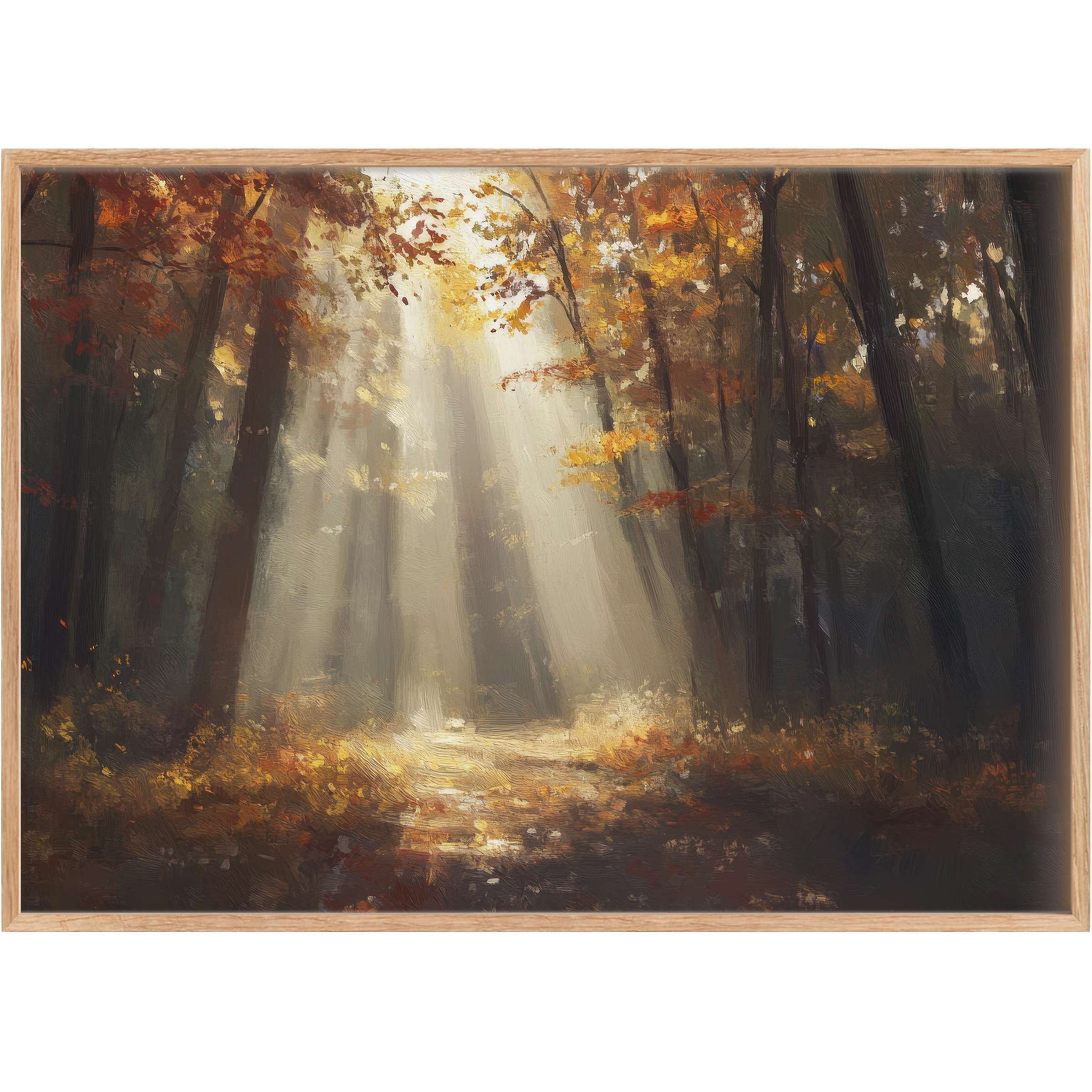 Fall printable wall art capturing golden sunlight filtering through amber and ochre leaves, creating a serene, radiant forest glow