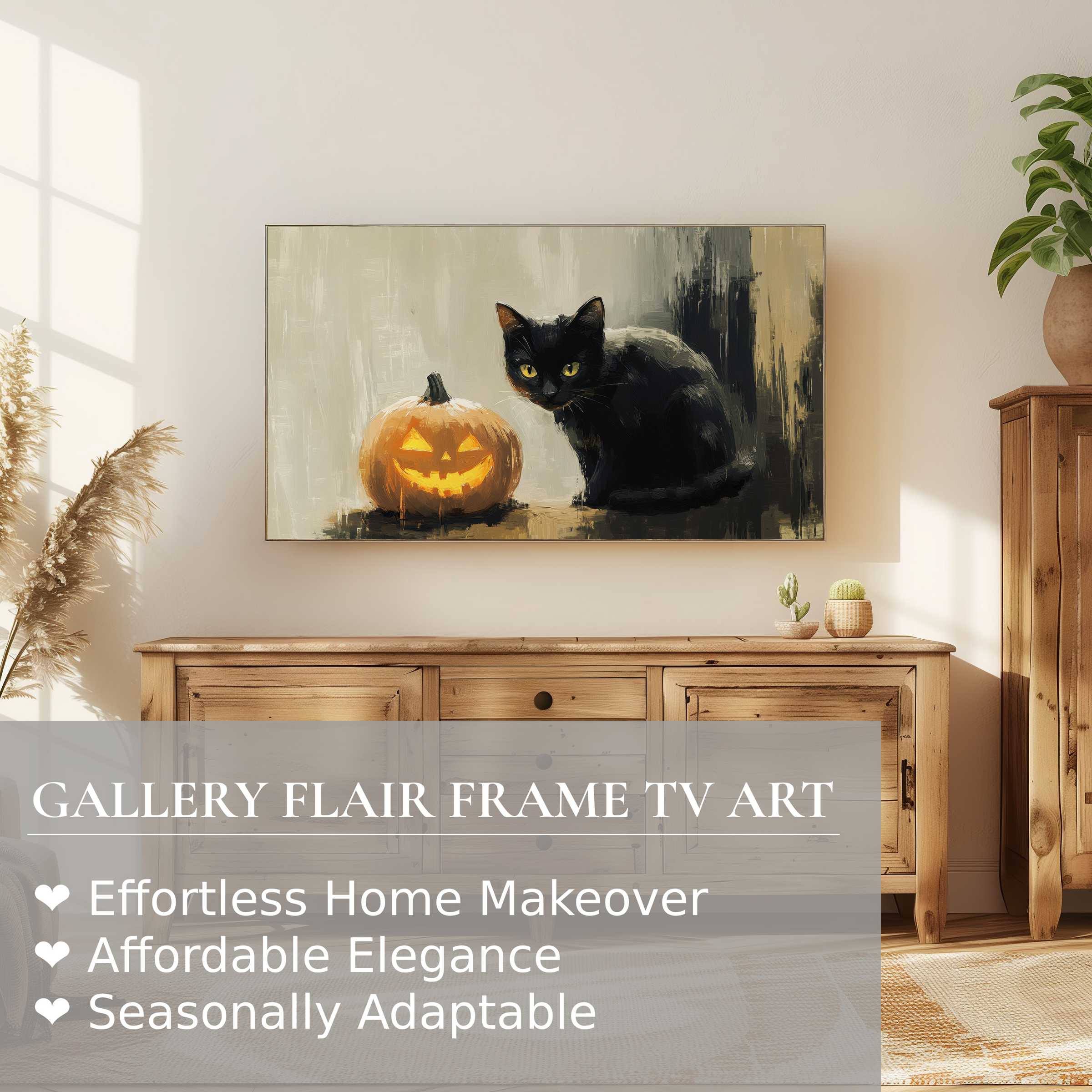 Samsung Frame TV displays elegant halloween digital artwork featuring a black cat and glowing pumpkin in soft brushstrokes