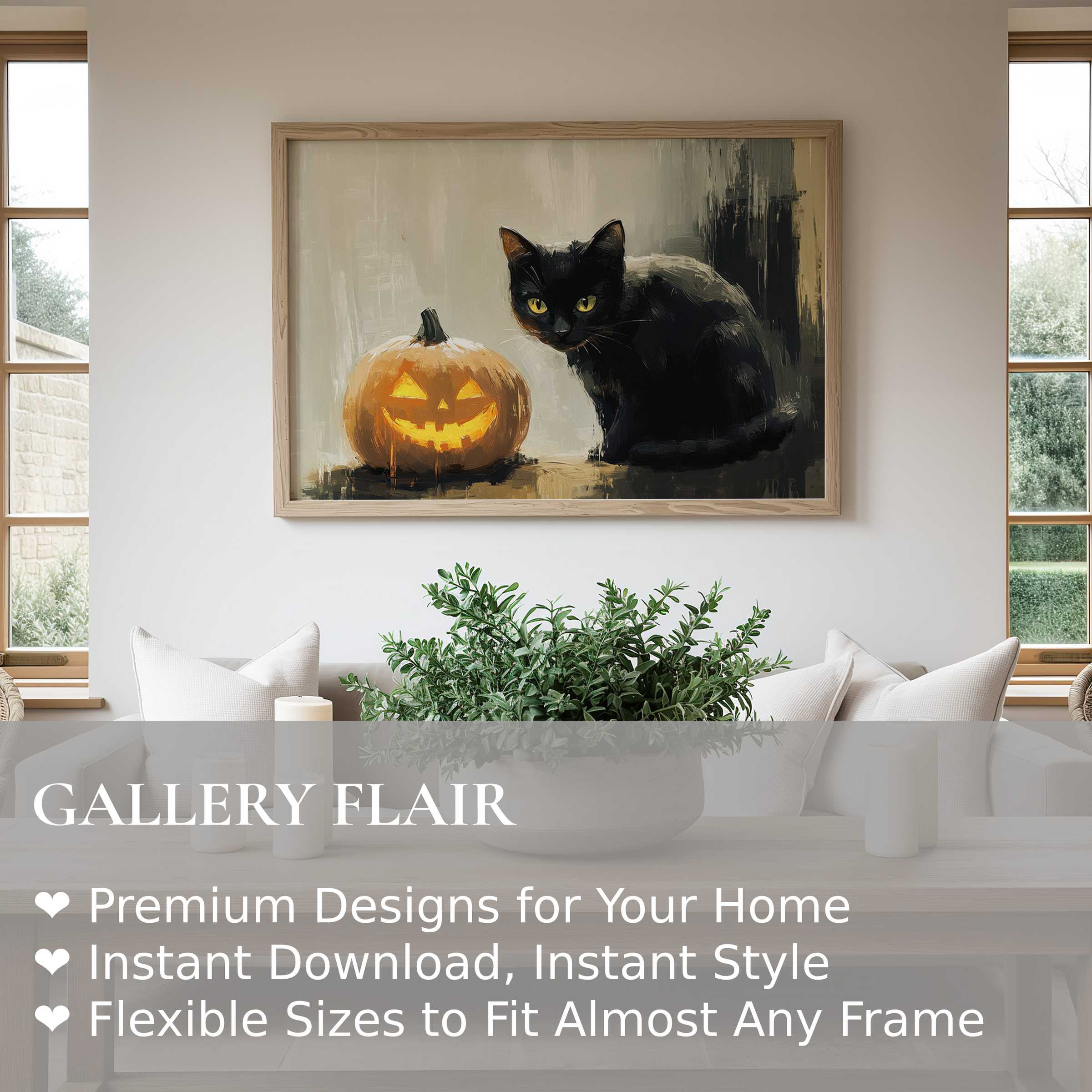 Halloween wall art print featuring a radiant black cat and glowing jack-o'-lantern, elevating modern, minimal interiors with bold seasonal charm