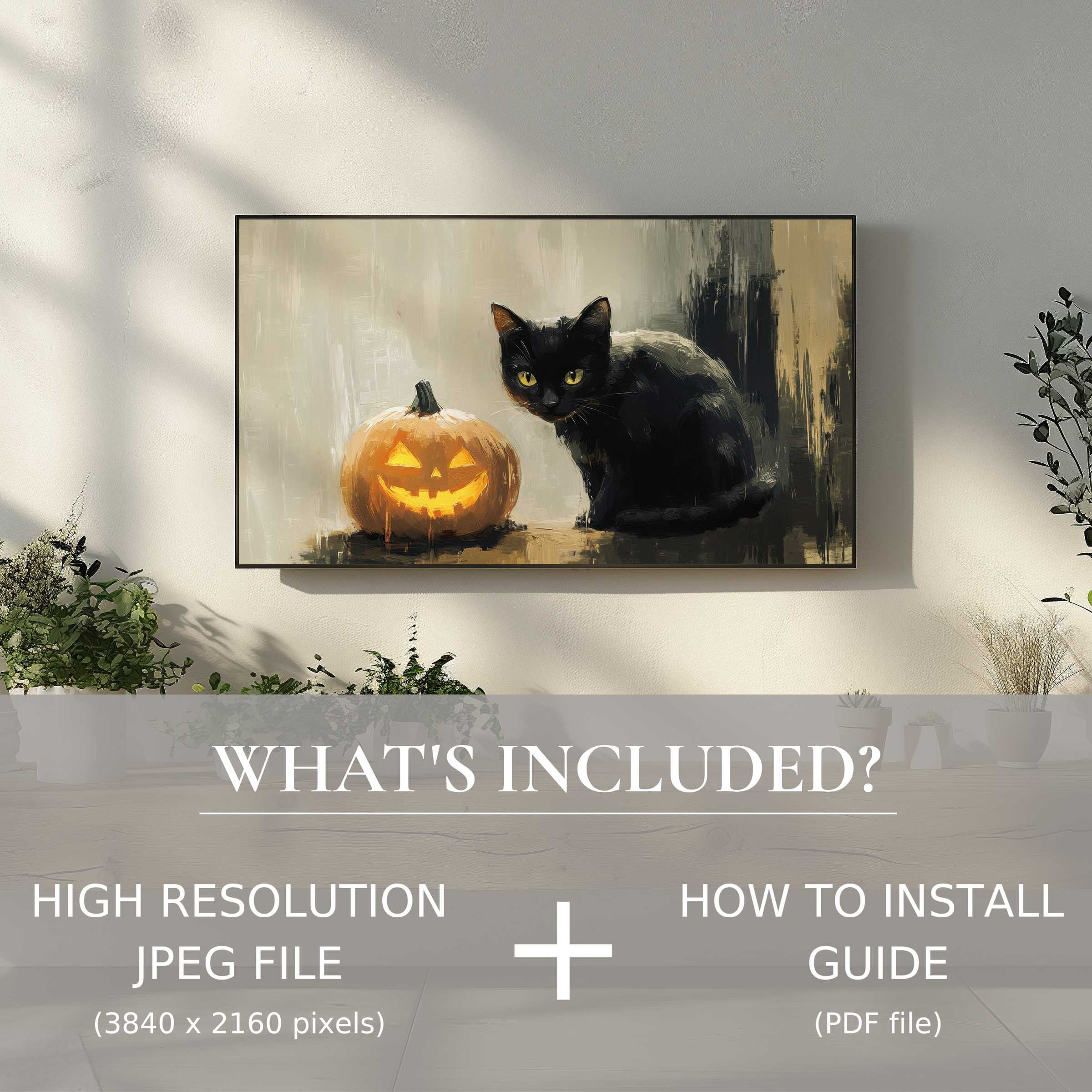 Elegant halloween digital TV art download of a black cat and pumpkin, easily enhancing modern living spaces