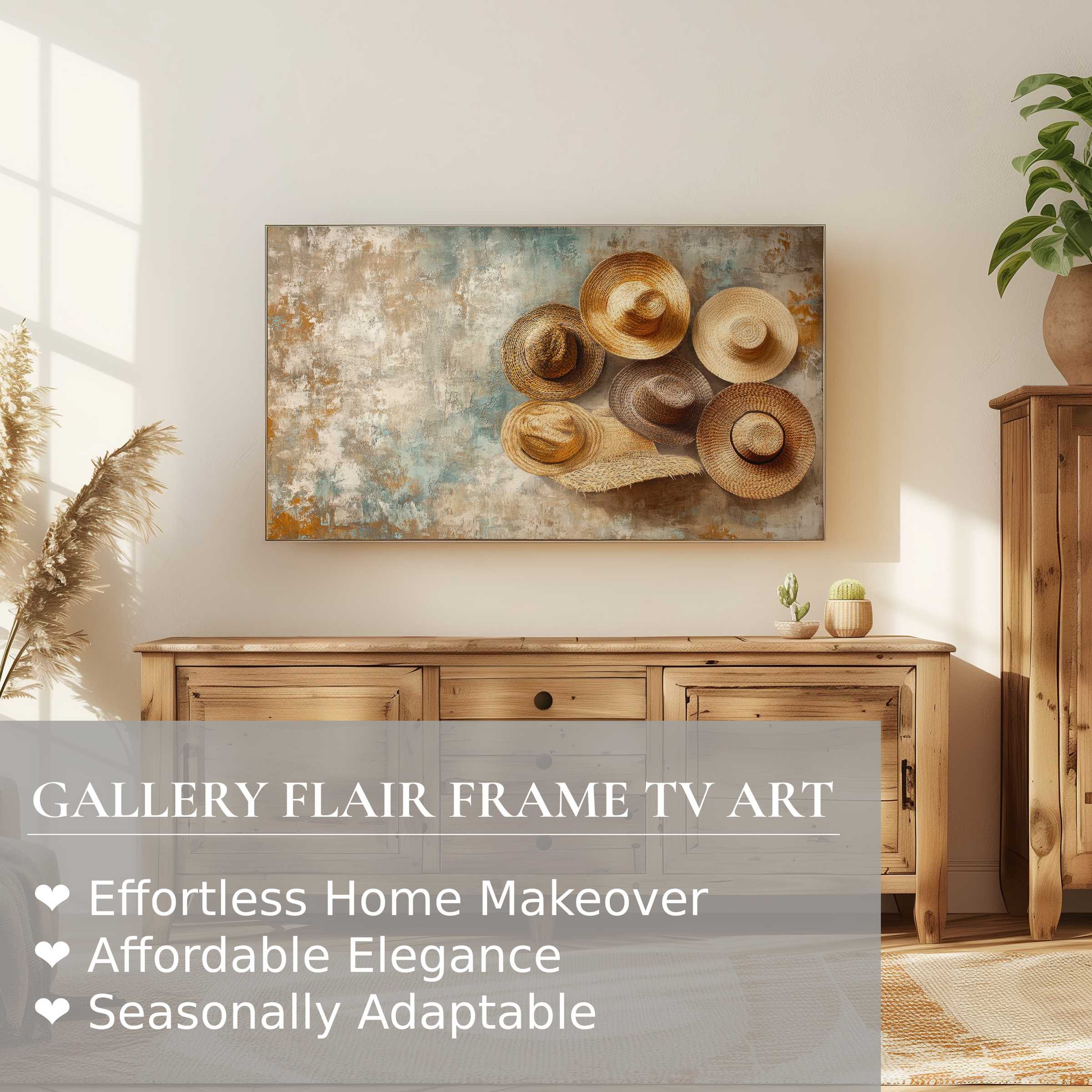 Samsung Frame TV displays warm-toned boho digital artwork of hats, enhancing modern rustic home decor elegance