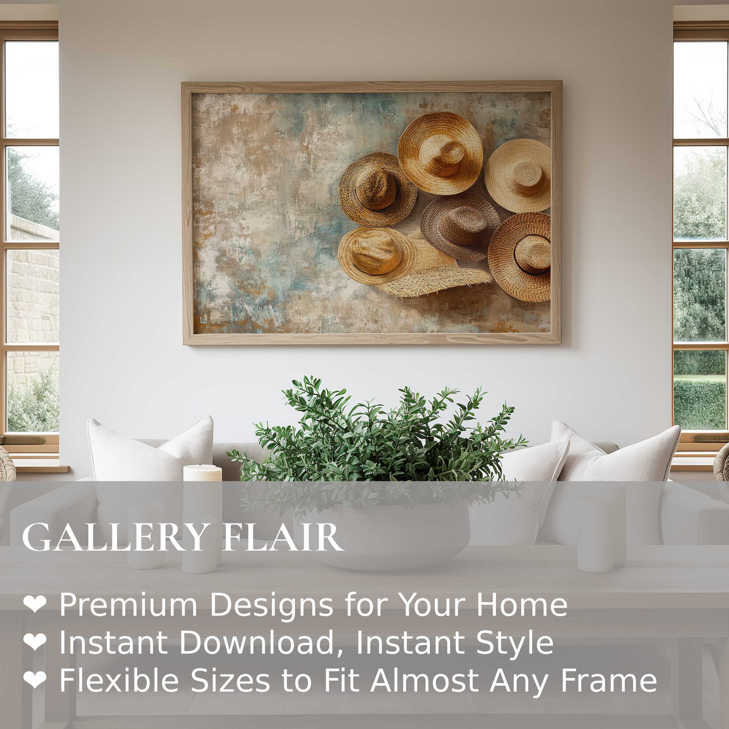 Boho wall art print featuring woven hats with earthy textures, adding warm, rustic charm to a modern, serene living space