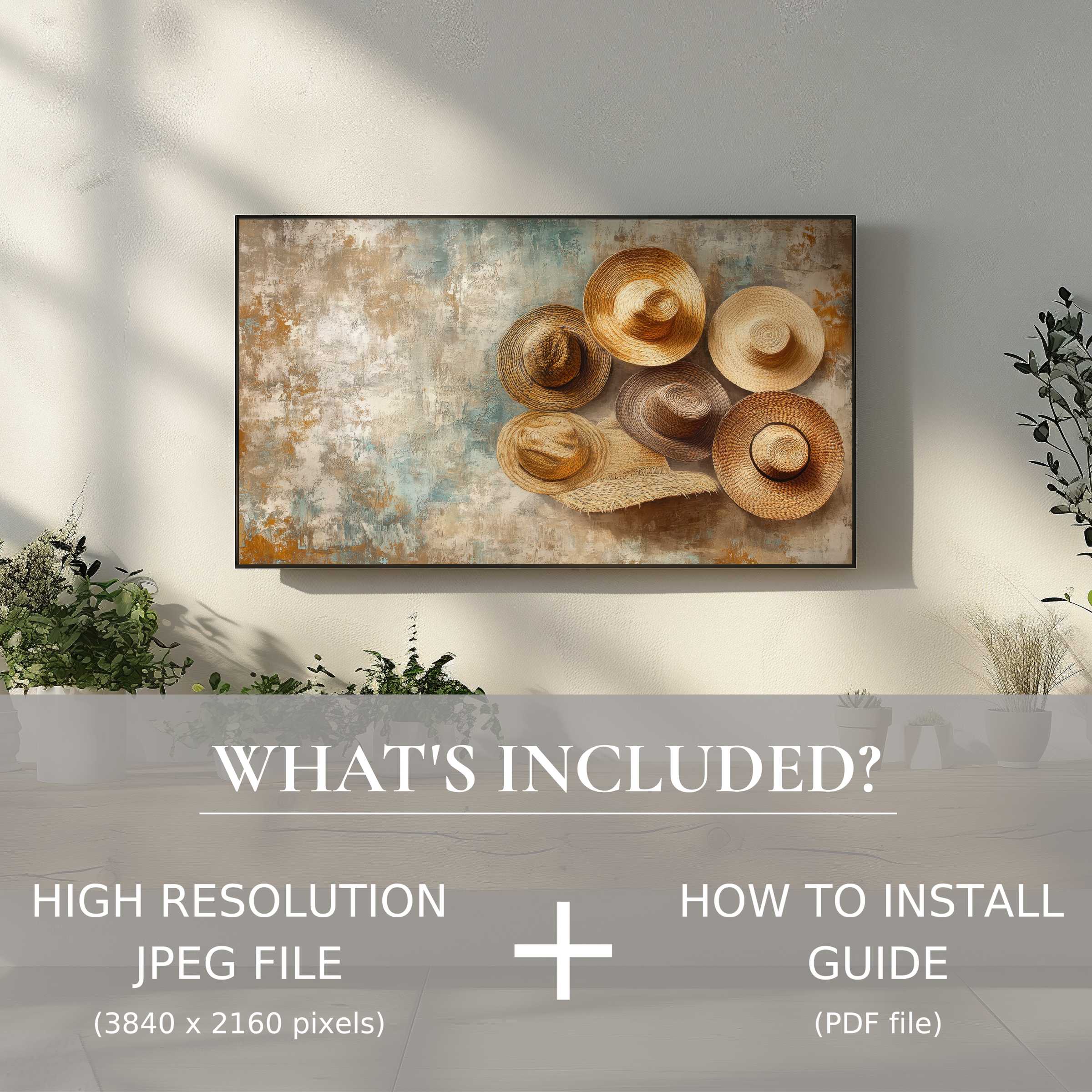 Elegant boho digital TV art download of woven hats elevates your space with easy, instant style and warm natural tones