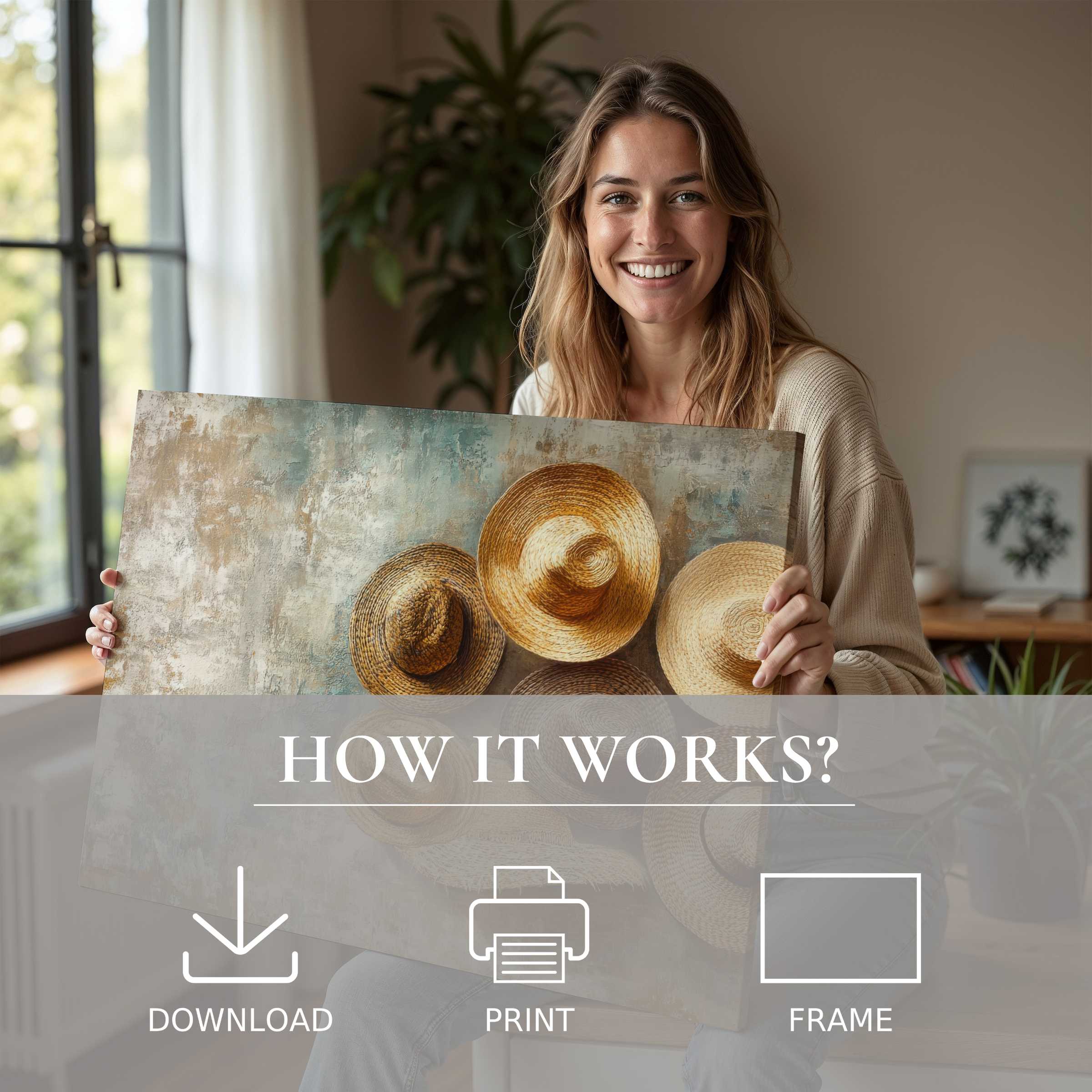 Radiant boho digital art print embraced in a sunlit modern home, celebrating effortless elegance and joyful connection with art